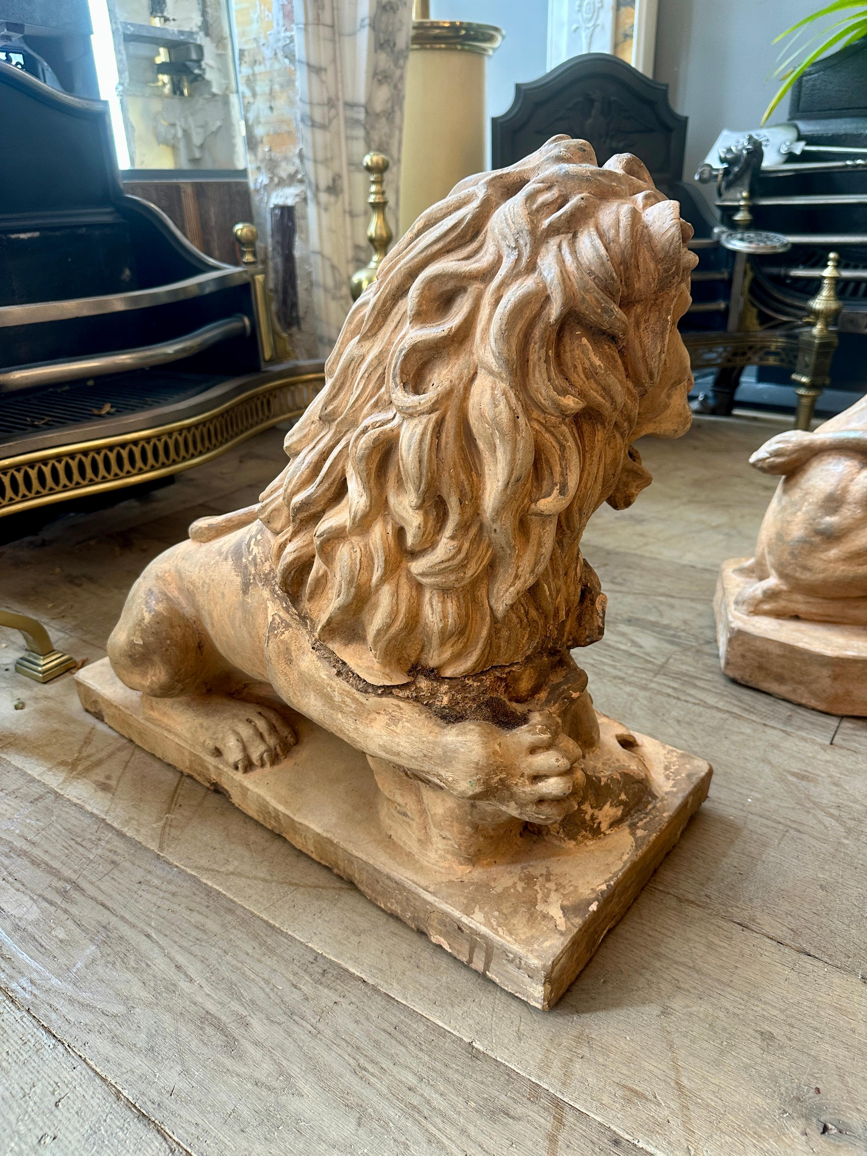 A Set Of Antique 19th C Terracotta Lion Sculptures (Terrakotta) im Angebot