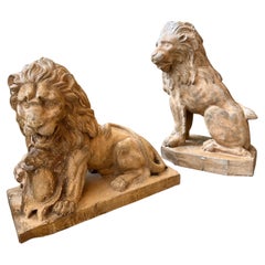 A Set Of Antique 19th C Terracotta Lion Sculptures