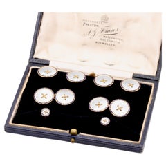 A Set of Antique 9K Gold Mother of Pearl & Blue Enamel Dress Studs and Cufflinks