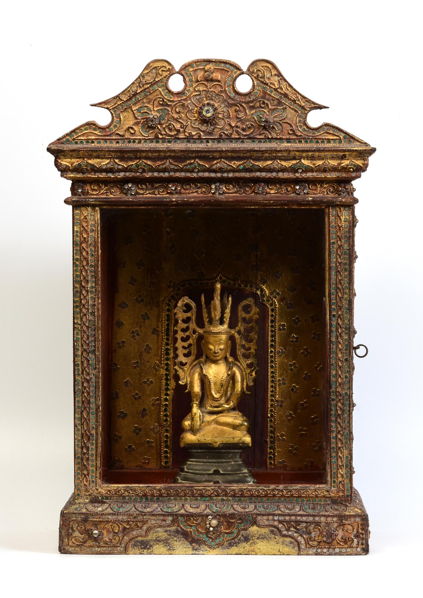 A Set of Antique Burmese Bronze Seated Crowned Buddha Statue and Wooden Cabinet 10