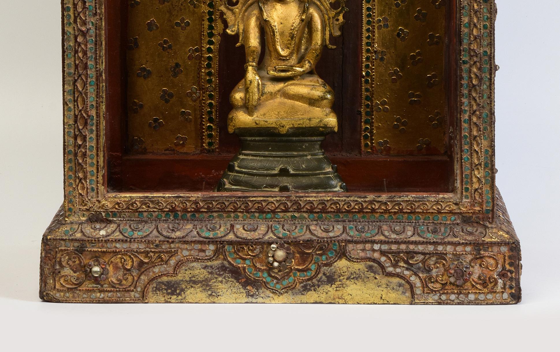 18th Century and Earlier A Set of Antique Burmese Bronze Seated Crowned Buddha Statue and Wooden Cabinet