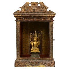 A Set of Antique Burmese Bronze Seated Crowned Buddha Statue and Wooden Cabinet