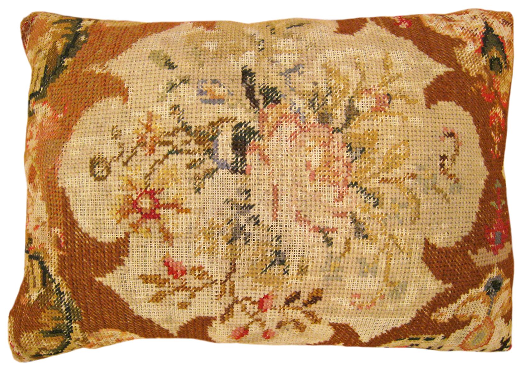 Set of Antique Decorative English Needlepoint Rug Pillows with Floral For Sale 5