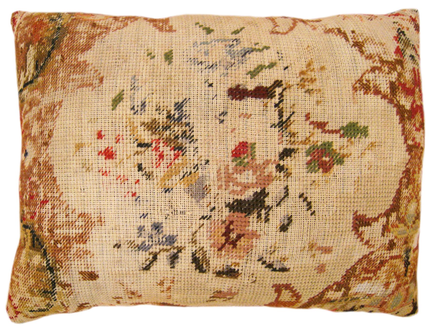 Set of Antique Decorative English Needlepoint Rug Pillows with Floral For Sale 8