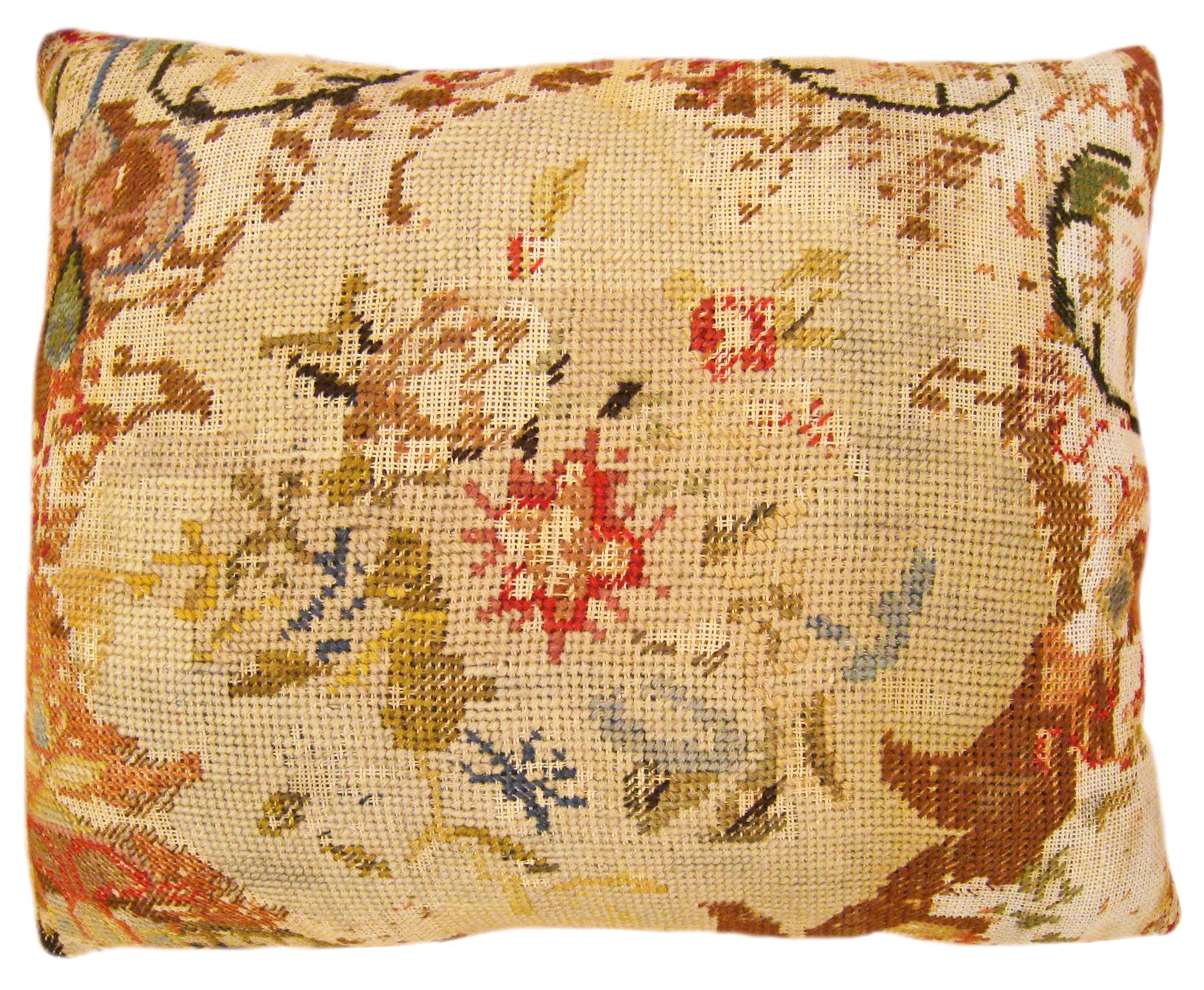 Set of Antique Decorative English Needlepoint Rug Pillows with Floral For Sale 14