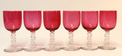 Set of Antique English Victorian Ruby Glass Goblets with Cut Glass Stems