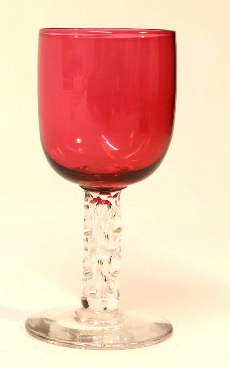 Set of Antique English Victorian Ruby Glass Goblets with Cut Glass