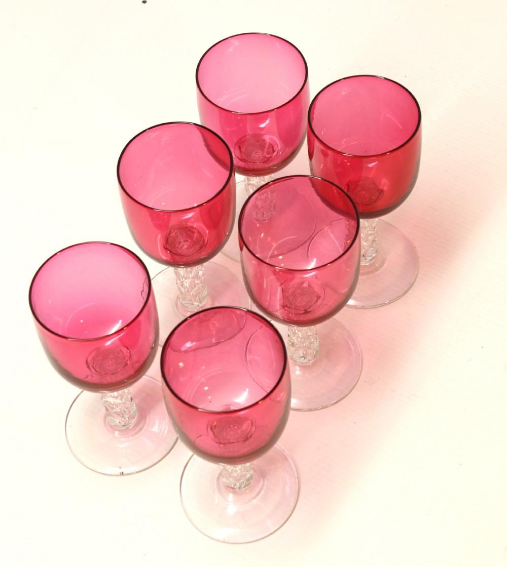 Set of Antique English Victorian Ruby Glass Goblets with Cut Glass Stems For Sale 3