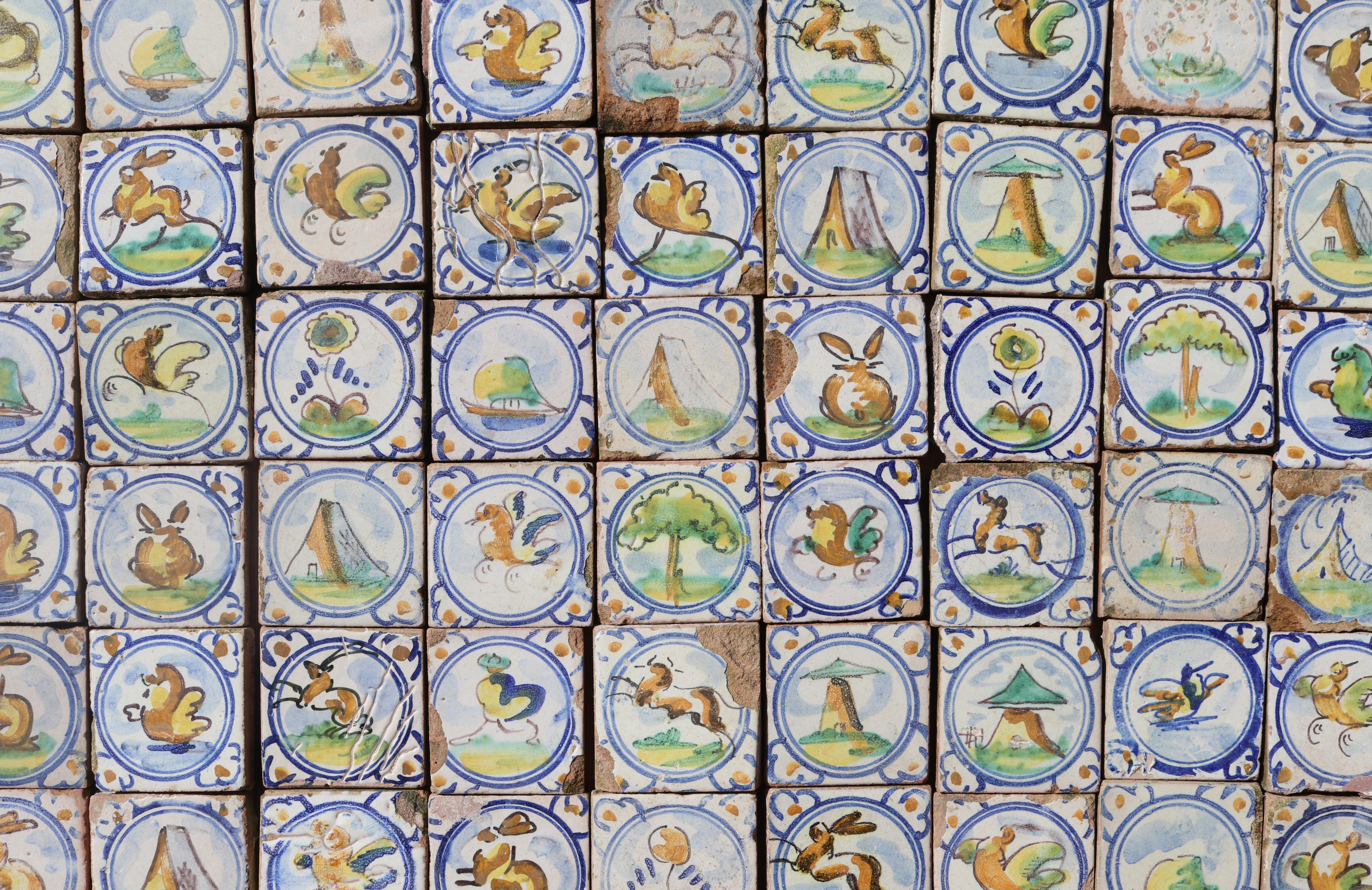 Set of Antique Hand Decorated Spanish Tiles In Fair Condition In Wormelow, Herefordshire