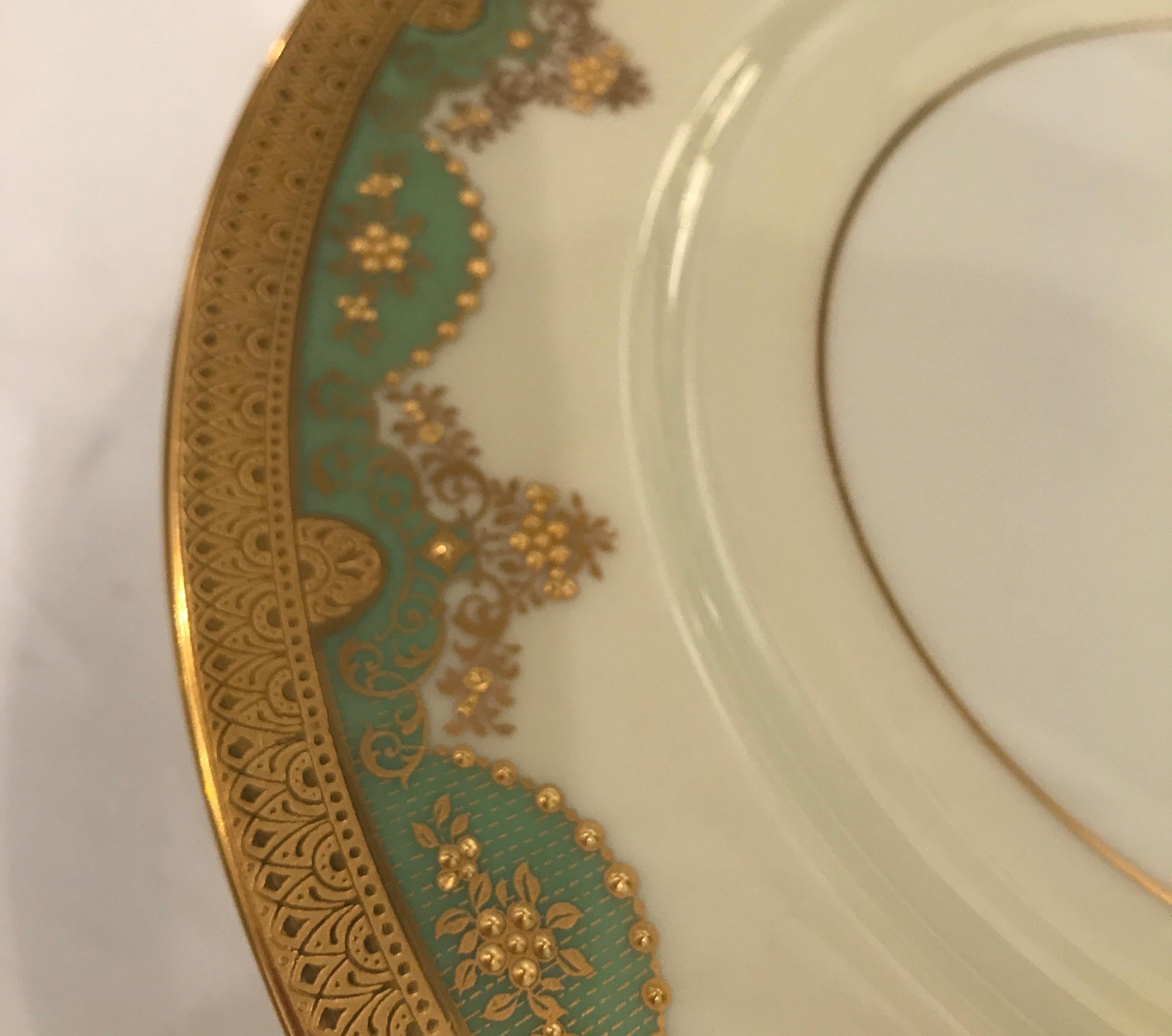 Porcelain Set of 12 Antique Raised Gilt Service Dinner Plates 10.5 Inches Diameter
