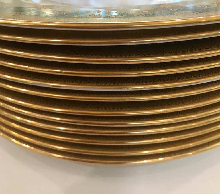Set of 12 Antique Raised Gilt Service Dinner Plates 10.5 Inches Diameter For Sale 1