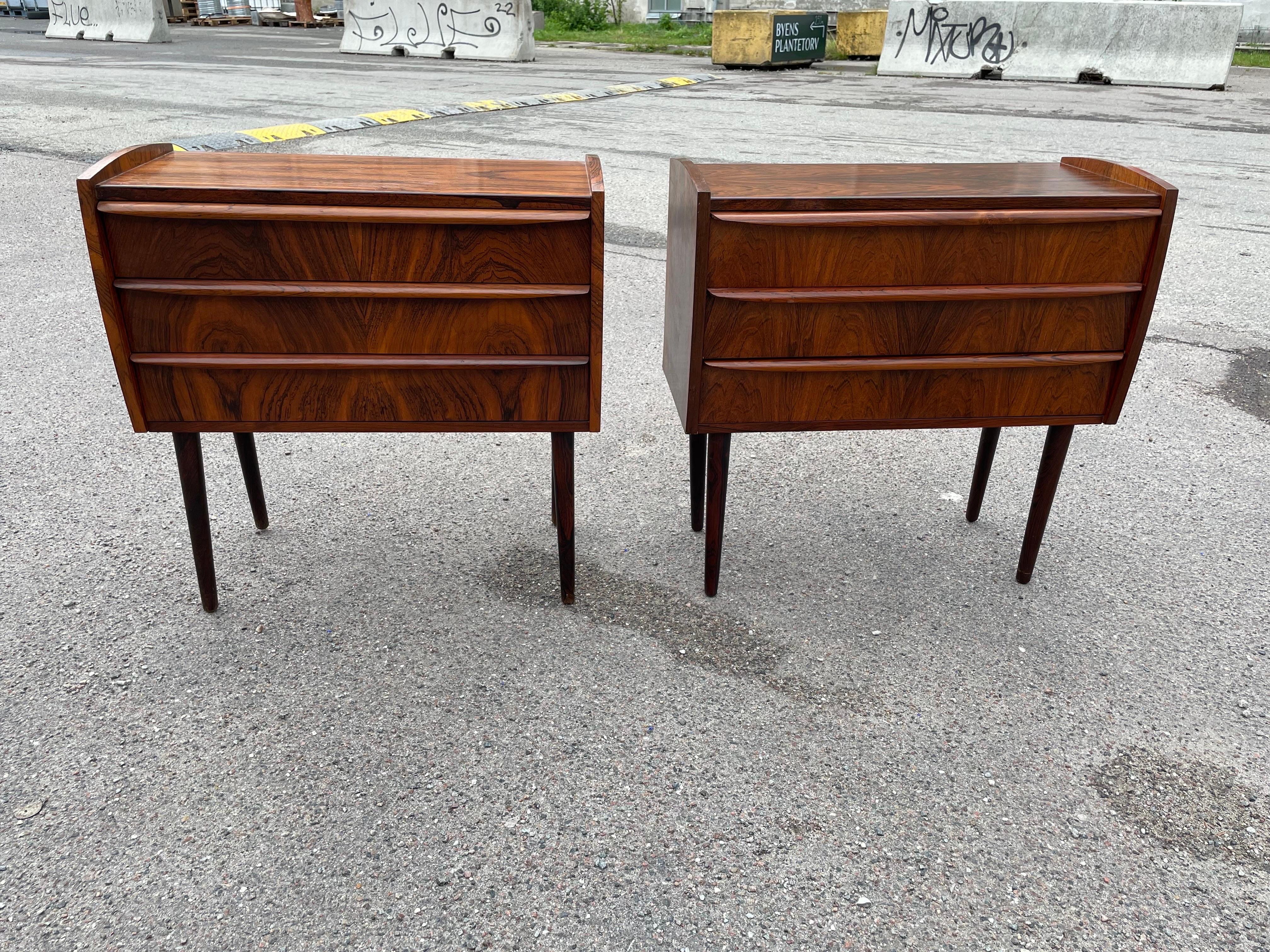 A rare set of Danish Mid-Century Modern nightstands or alternative dressers. Finding one is difficult finding two is impossible. Have not been able to track down the designers name, but definitely a skillful piece of work.