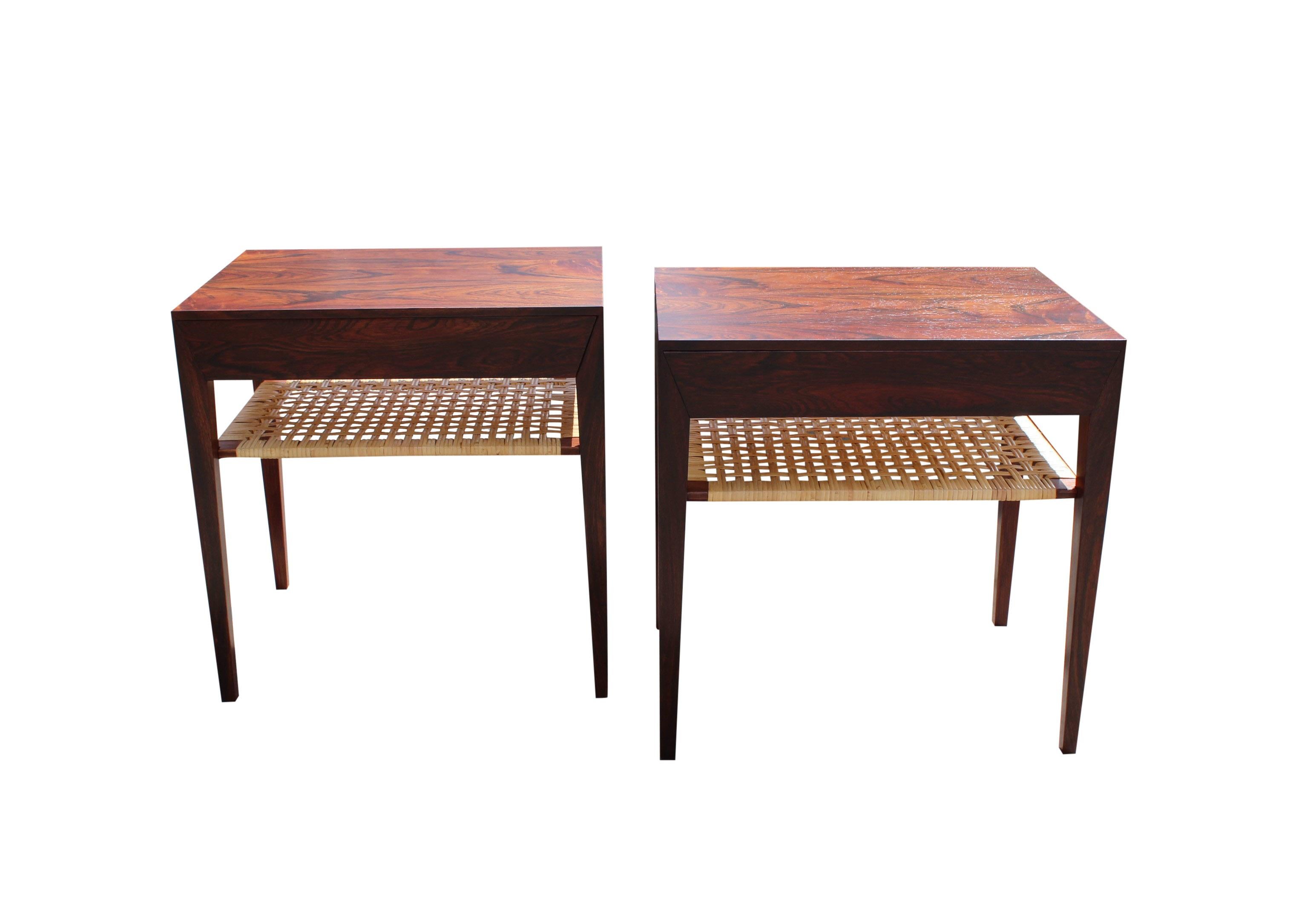 A set of bedside tables in rosewood and papercord shelf designed by Severin Hansen and manufactured by Haslev furniture factory in the 1960s. The tables are in great vintage condition.
Measures: H 50 cm, W 50 cm and D 35 cm.
 