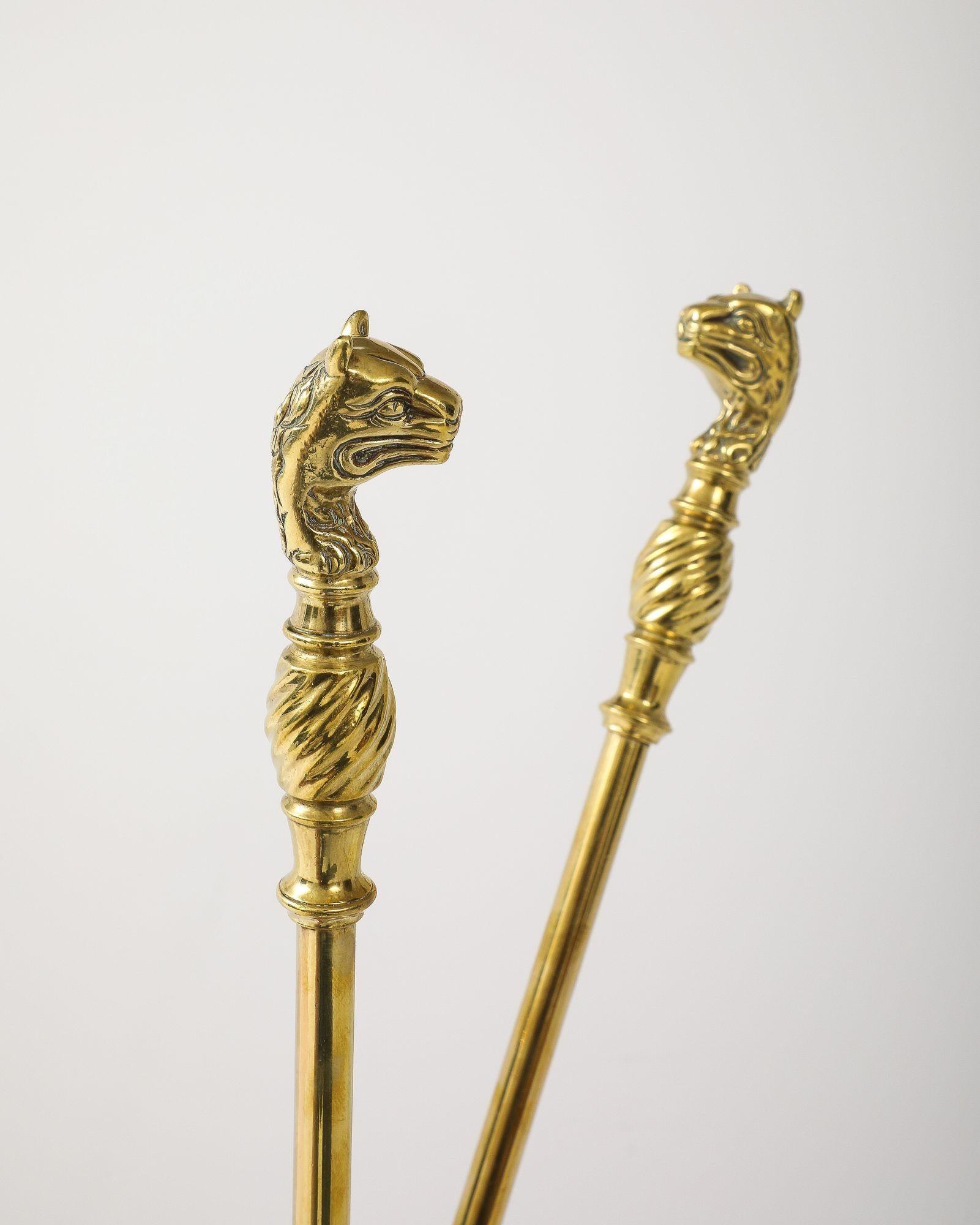 A Set of Brass Leopard Head Andirons For Sale 5