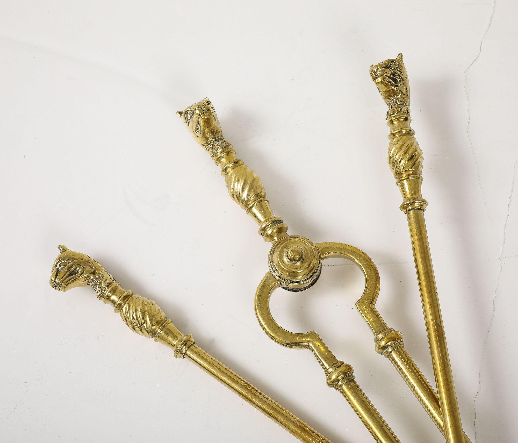 A Set of Brass Leopard Head Andirons For Sale 2