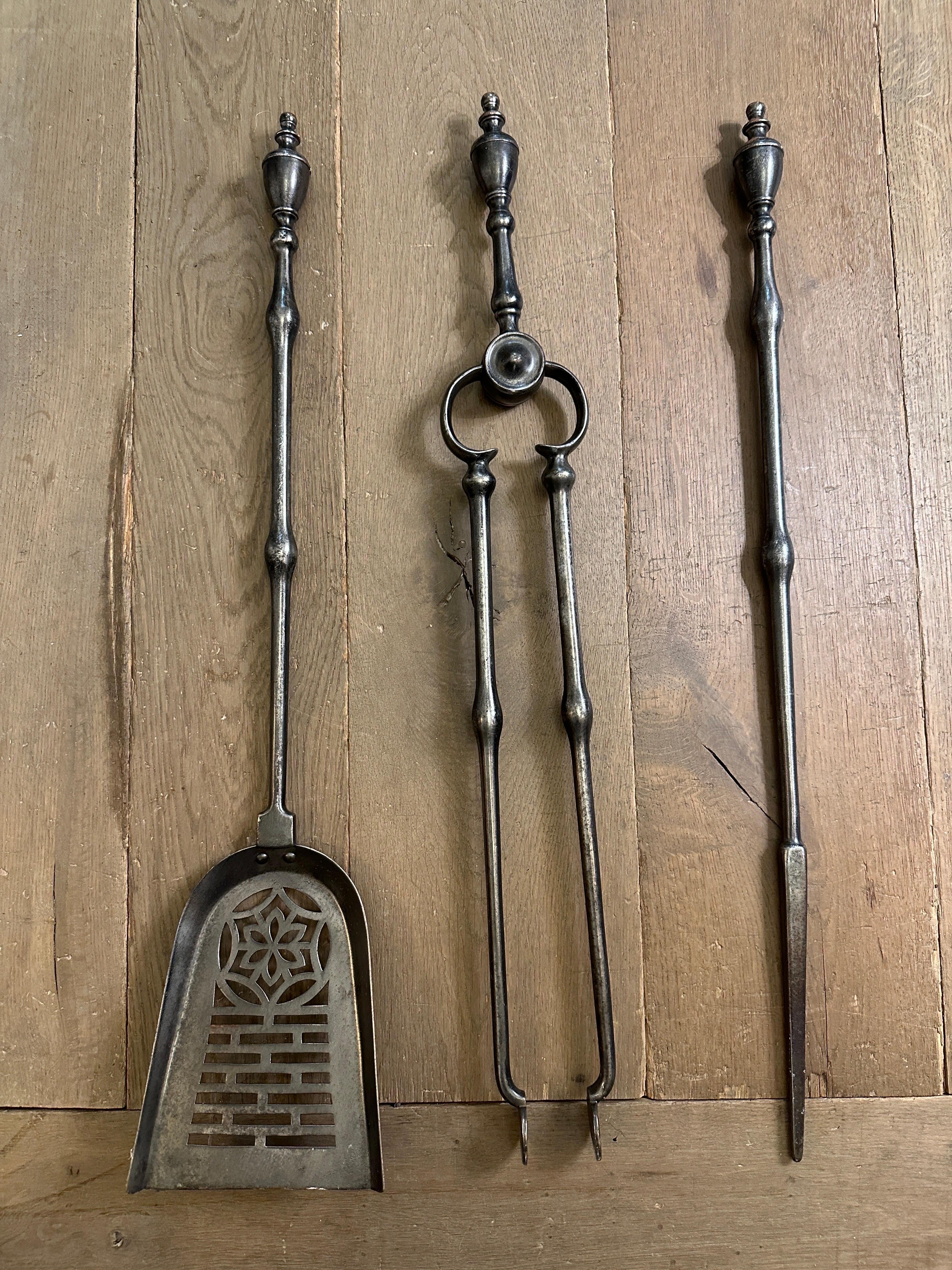 Georgian A Set Of Burnished Steel 19th Century English Fire Tools  For Sale