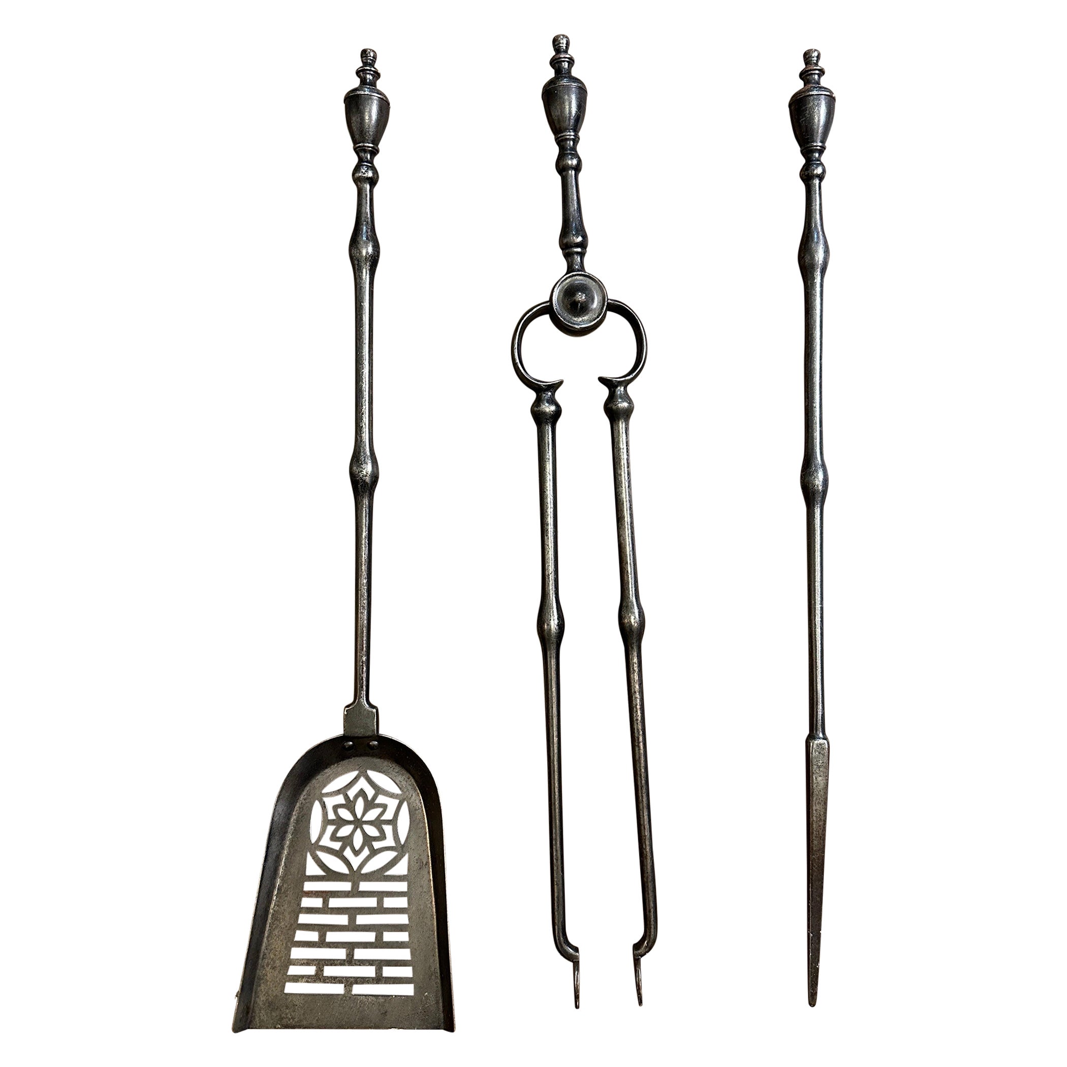 A Set Of Burnished Steel 19th Century English Fire Tools For Sale