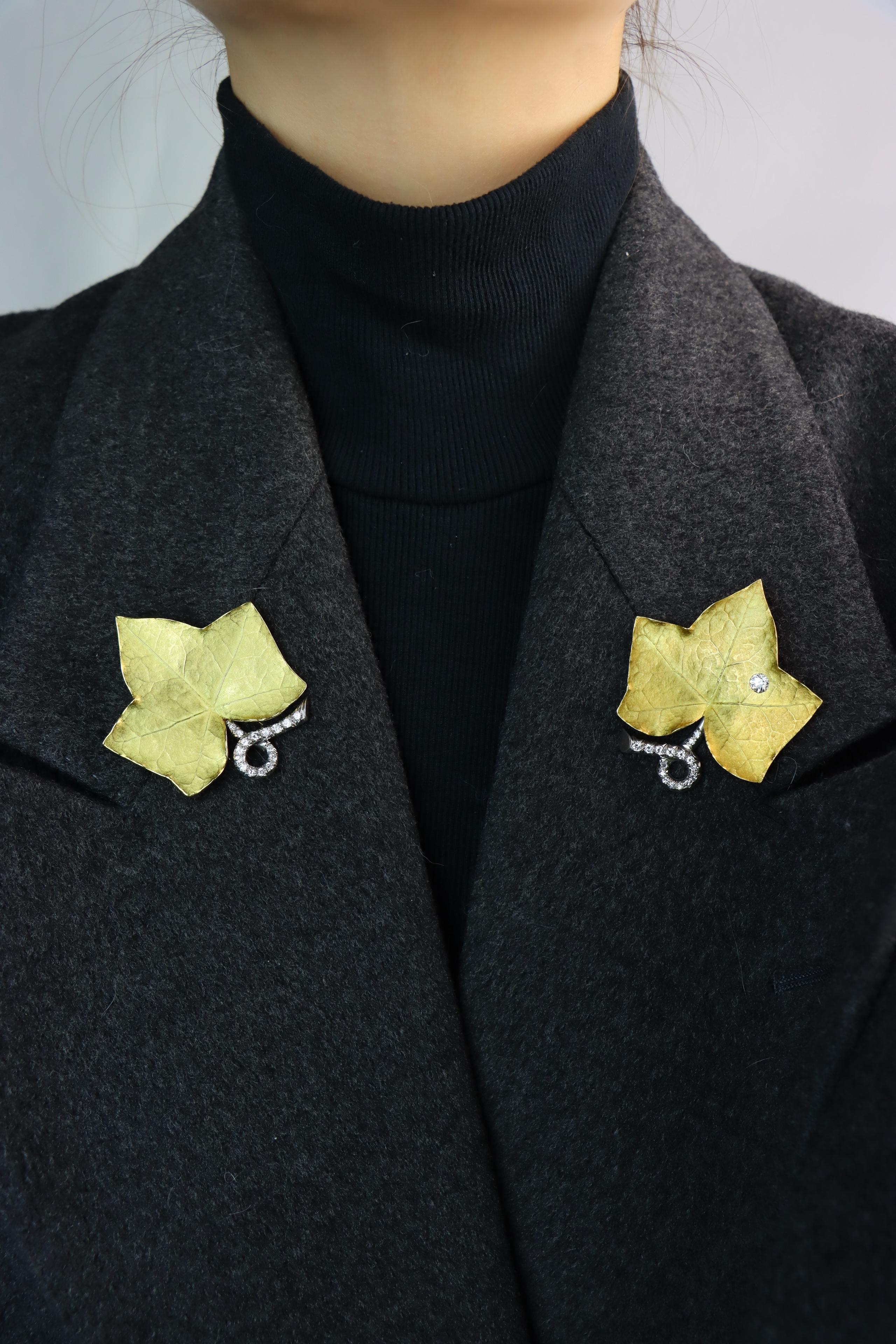 Round Cut A set of Cartier 18K Gold Platinum Diamond Maple Leaf Clips