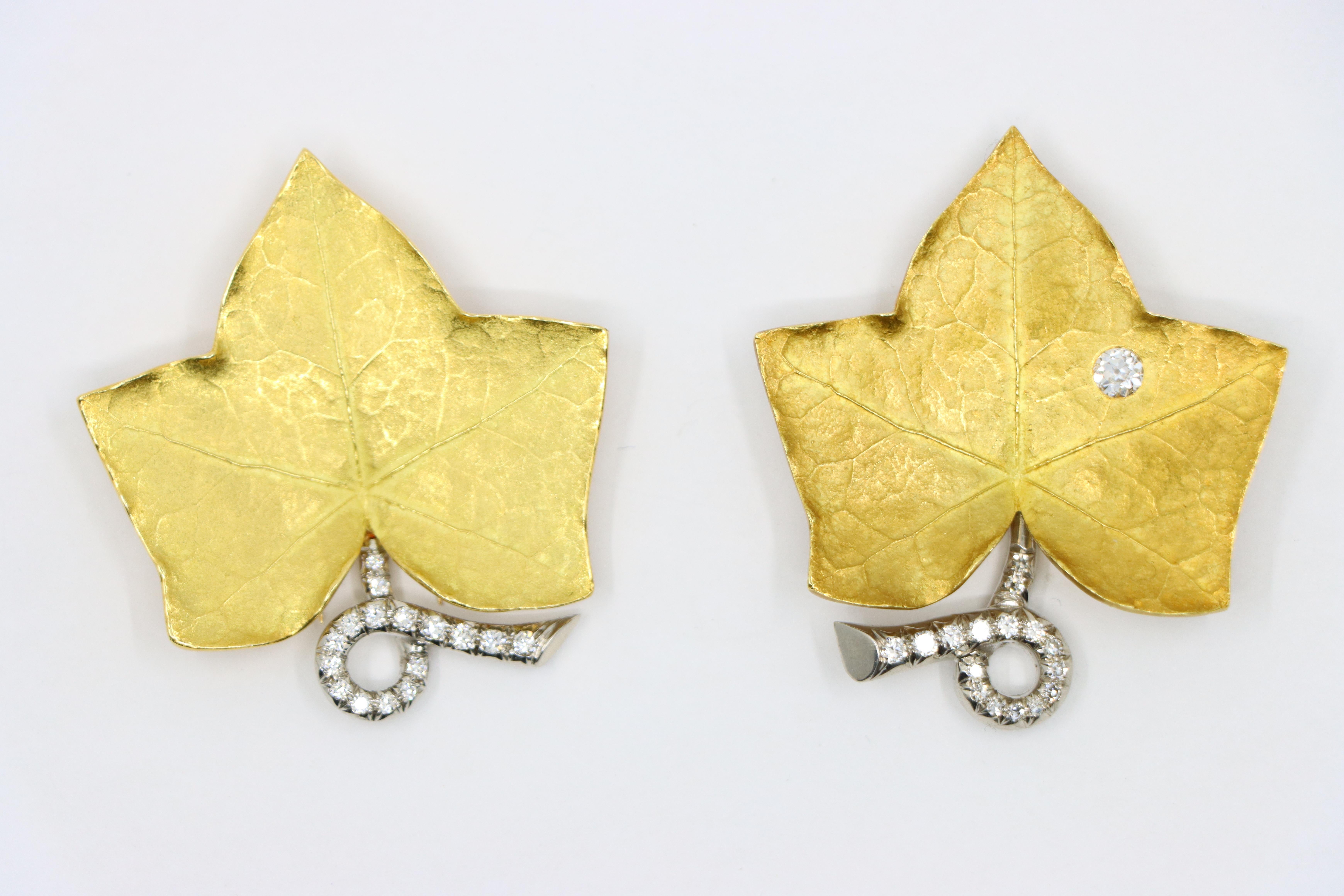 A set of Cartier 18K Gold Platinum Diamond Maple Leaf Clips 3