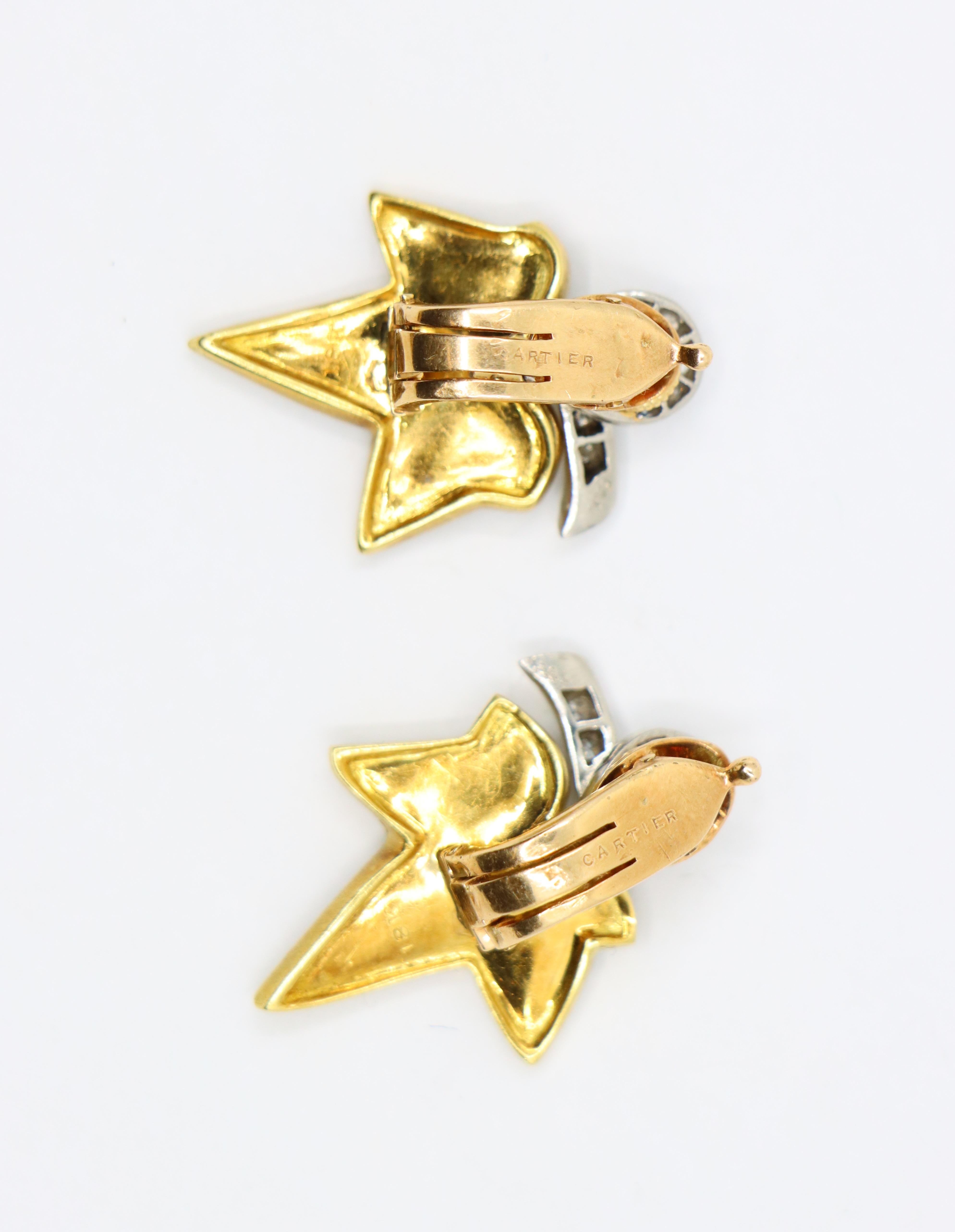 A set of Cartier 18K Gold Platinum Diamond Maple Leaf Earrings For Sale 5