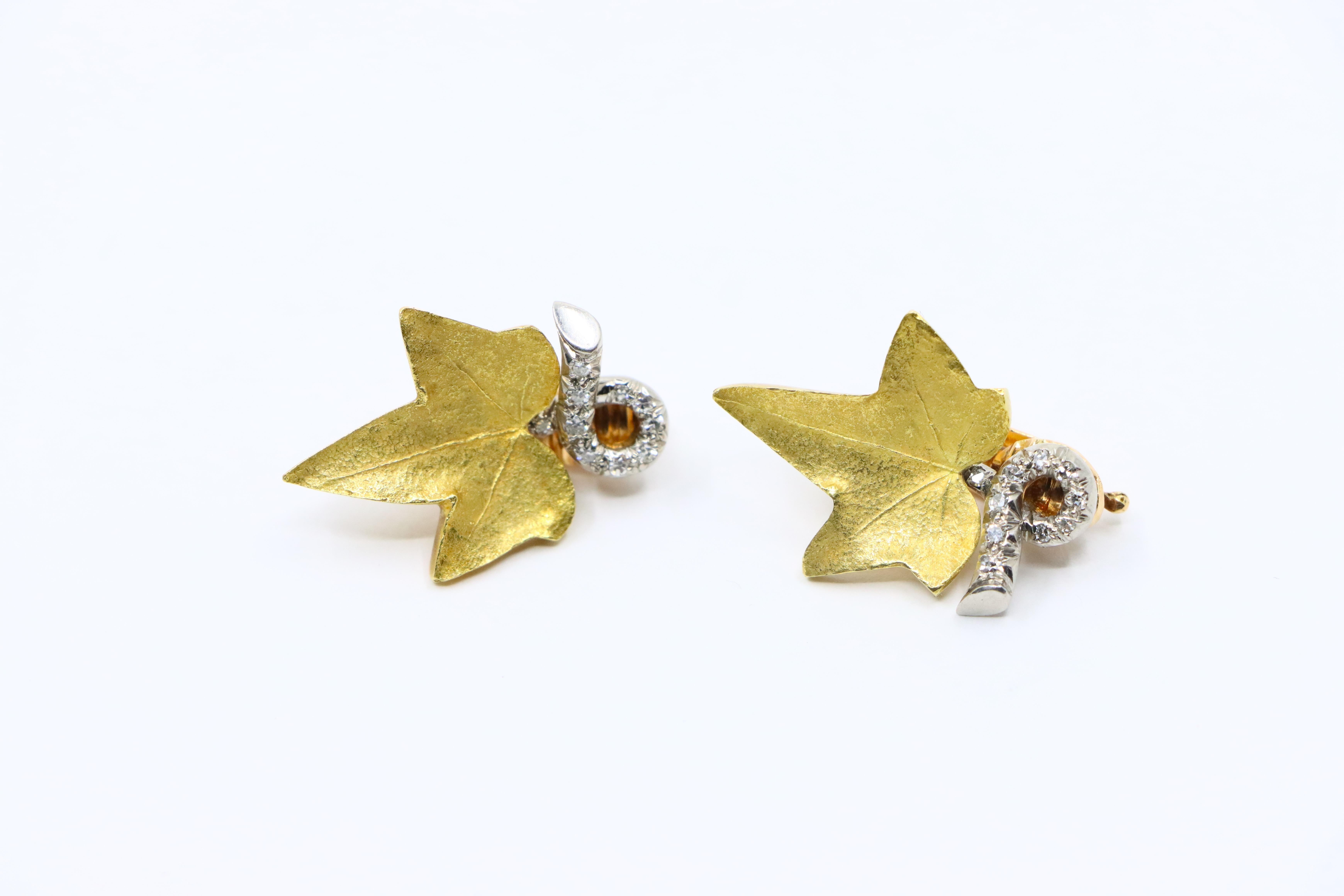 Women's or Men's A set of Cartier 18K Gold Platinum Diamond Maple Leaf Earrings For Sale