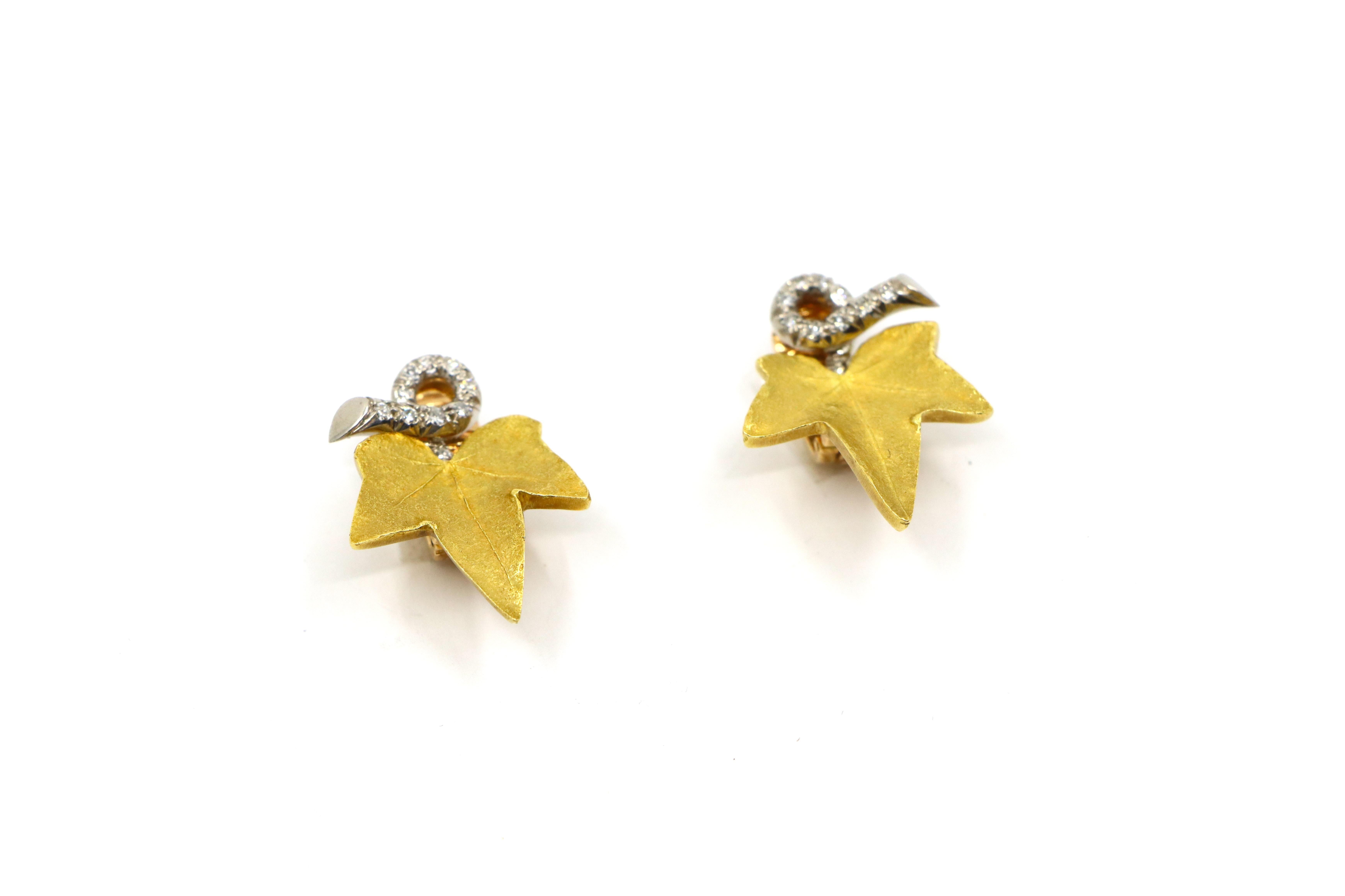 A set of Cartier 18K Gold Platinum Diamond Maple Leaf Earrings For Sale 1