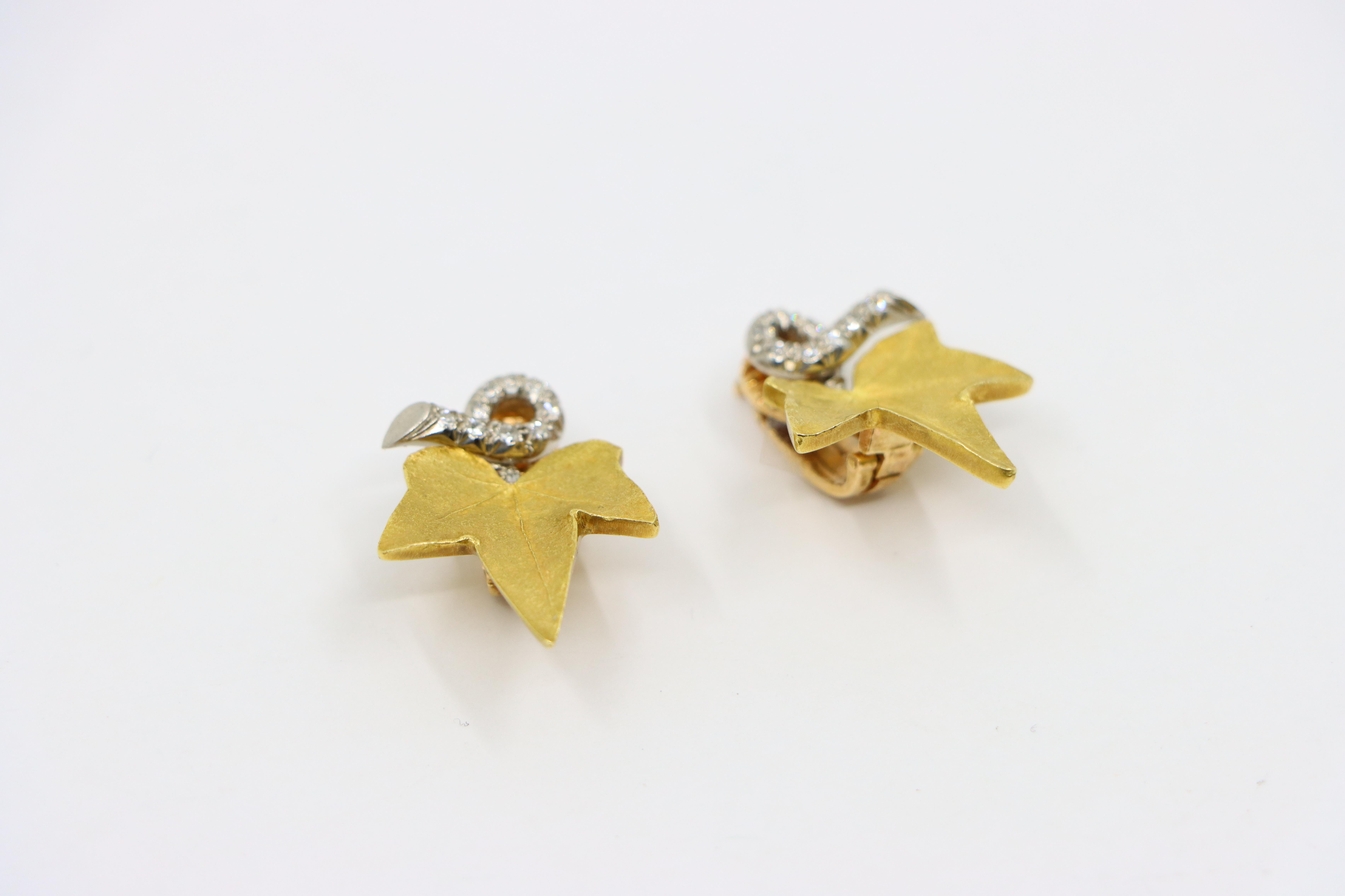 A set of Cartier 18K Gold Platinum Diamond Maple Leaf Earrings For Sale 3
