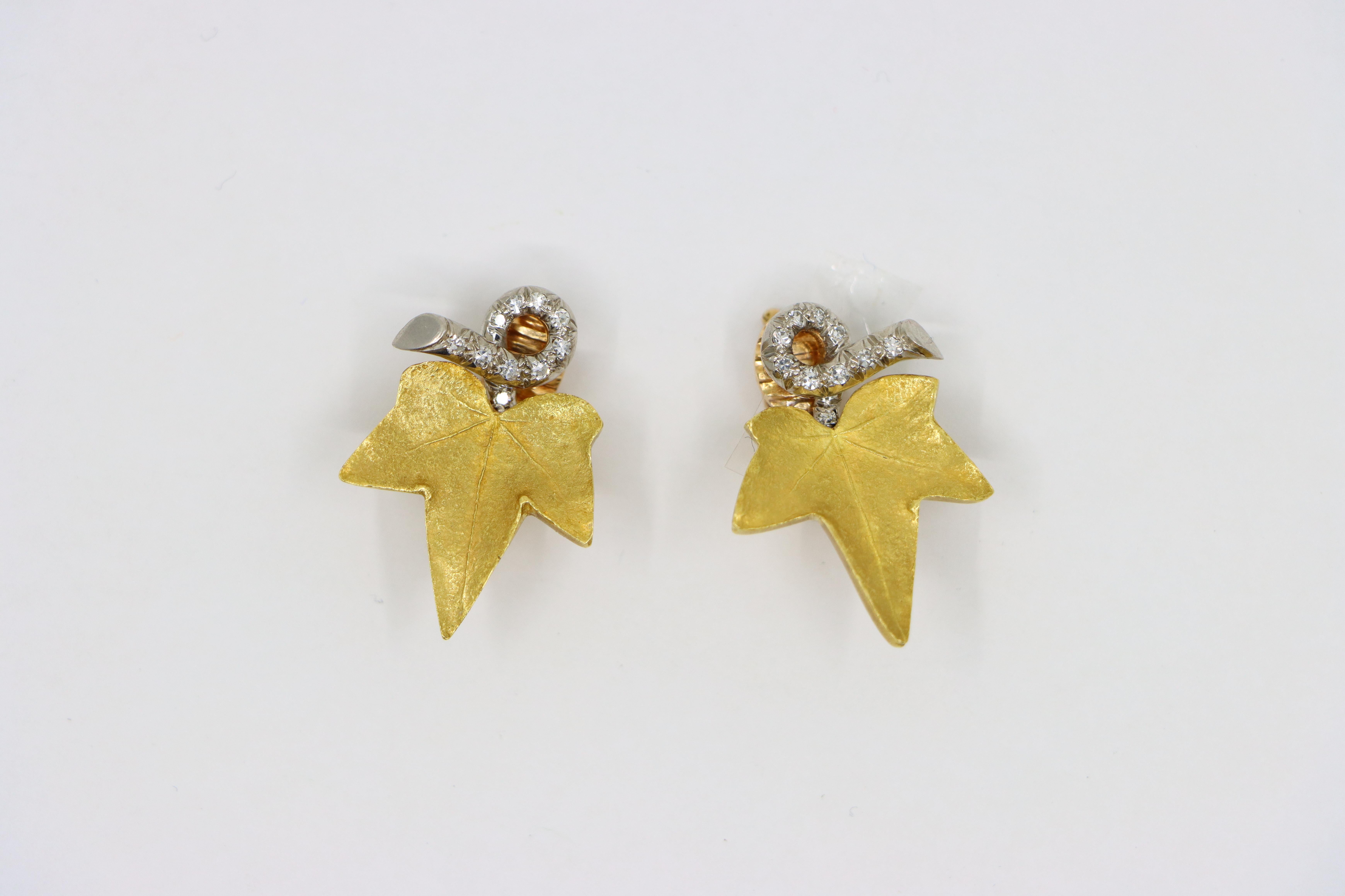 A set of Cartier 18K Gold Platinum Diamond Maple Leaf Earrings For Sale 4
