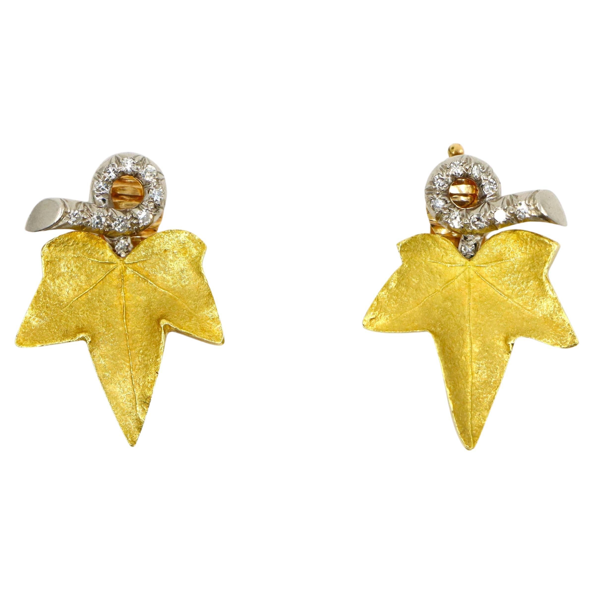 A set of Cartier 18K Gold Platinum Diamond Maple Leaf Earrings