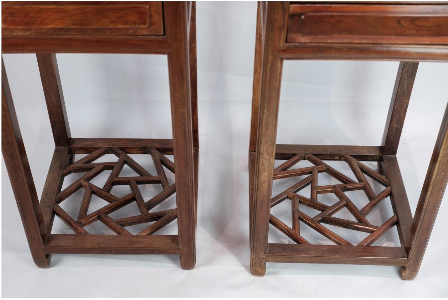 Chinese Export Set of Chinese Side Tables With Drawers Made In Polished Dark Wood From 1880s For Sale