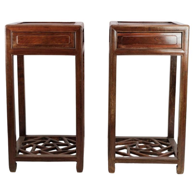 Set of Chinese Side Tables With Drawers Made In Polished Dark Wood From 1880s