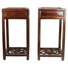 Set of Chinese Side Tables with Drawer in Polished Dark Wood 