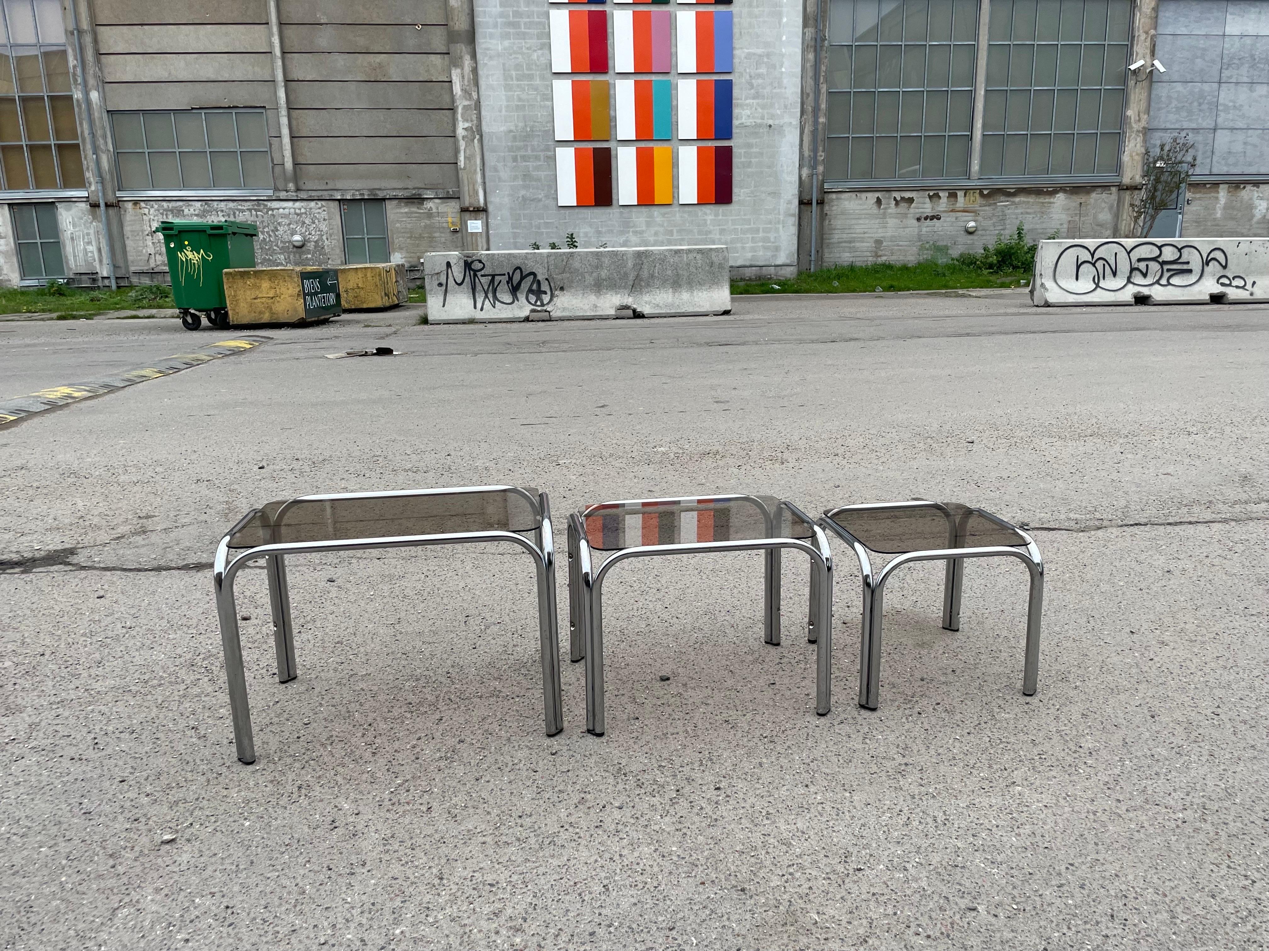 Set of Three 1970's Chrome Nesting Tables, Vintage in the Style of Milo Baughman.
