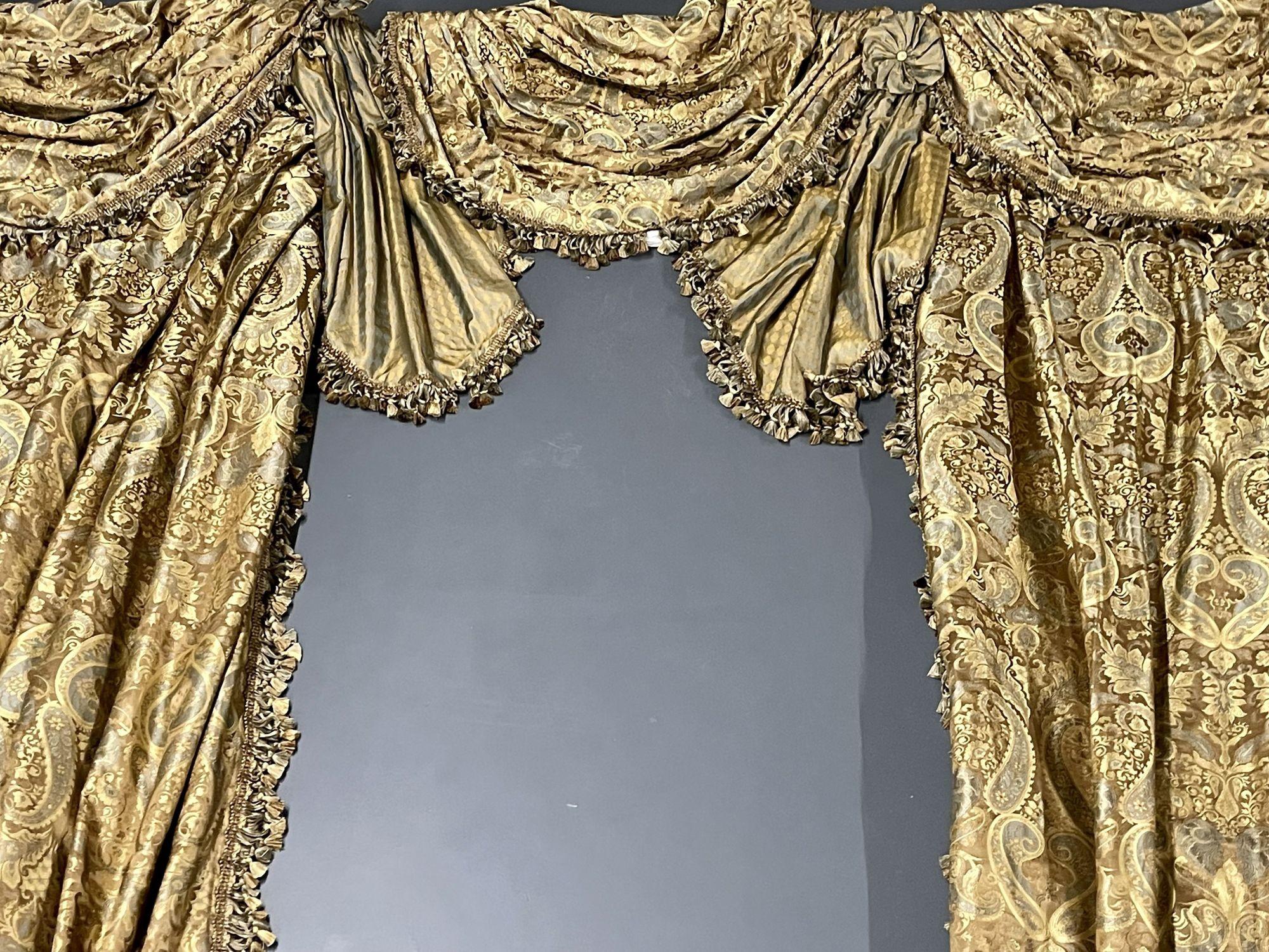 A spectacular curtain or drapery window treatments, Valances Removed directly from Dr Shawn Garber's home on the Gold Coast of Long Island. Part of an extensive collection seen only in our showroom. Purchased from Scalamandre NYC. 
 
 
4 Cartain