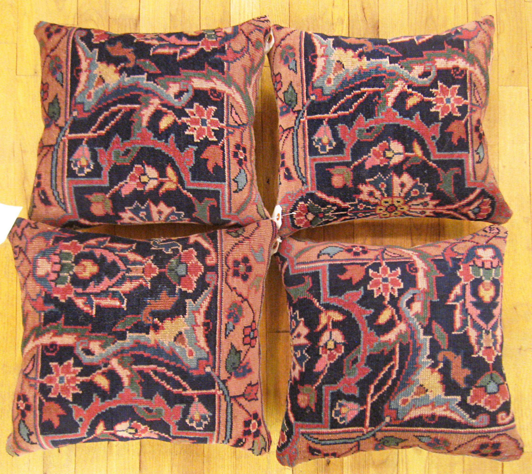 A set of Antique Indian Agra Rug Pillows ; size 1'6” x 1'4” Each.

An antique decorative pillows with floral elements allover a coral central field, size 1'6” x 1'4” each. This lovely decorative pillow features an antique fabric of a Agra rug on