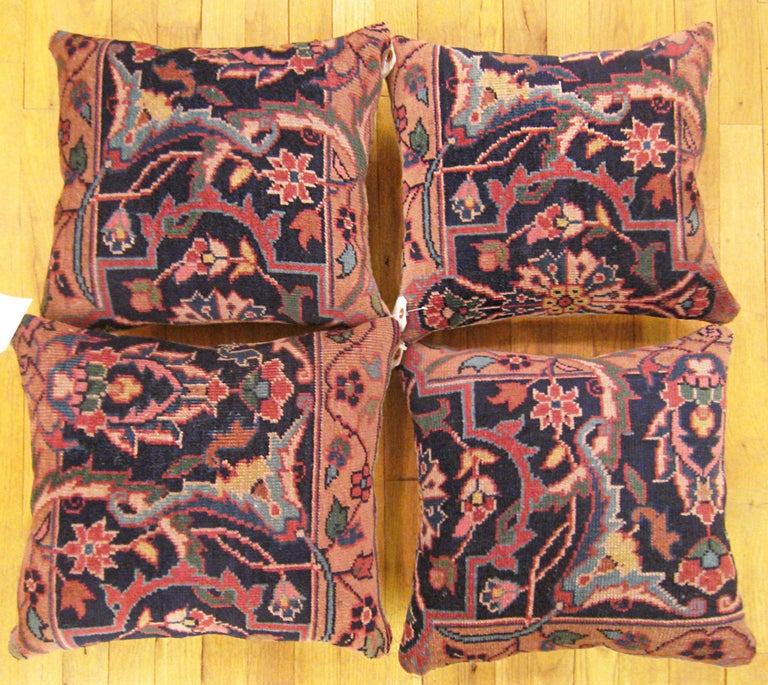 Set of Decorative Antique Indian Agra Rug Pillows with Floral Elements