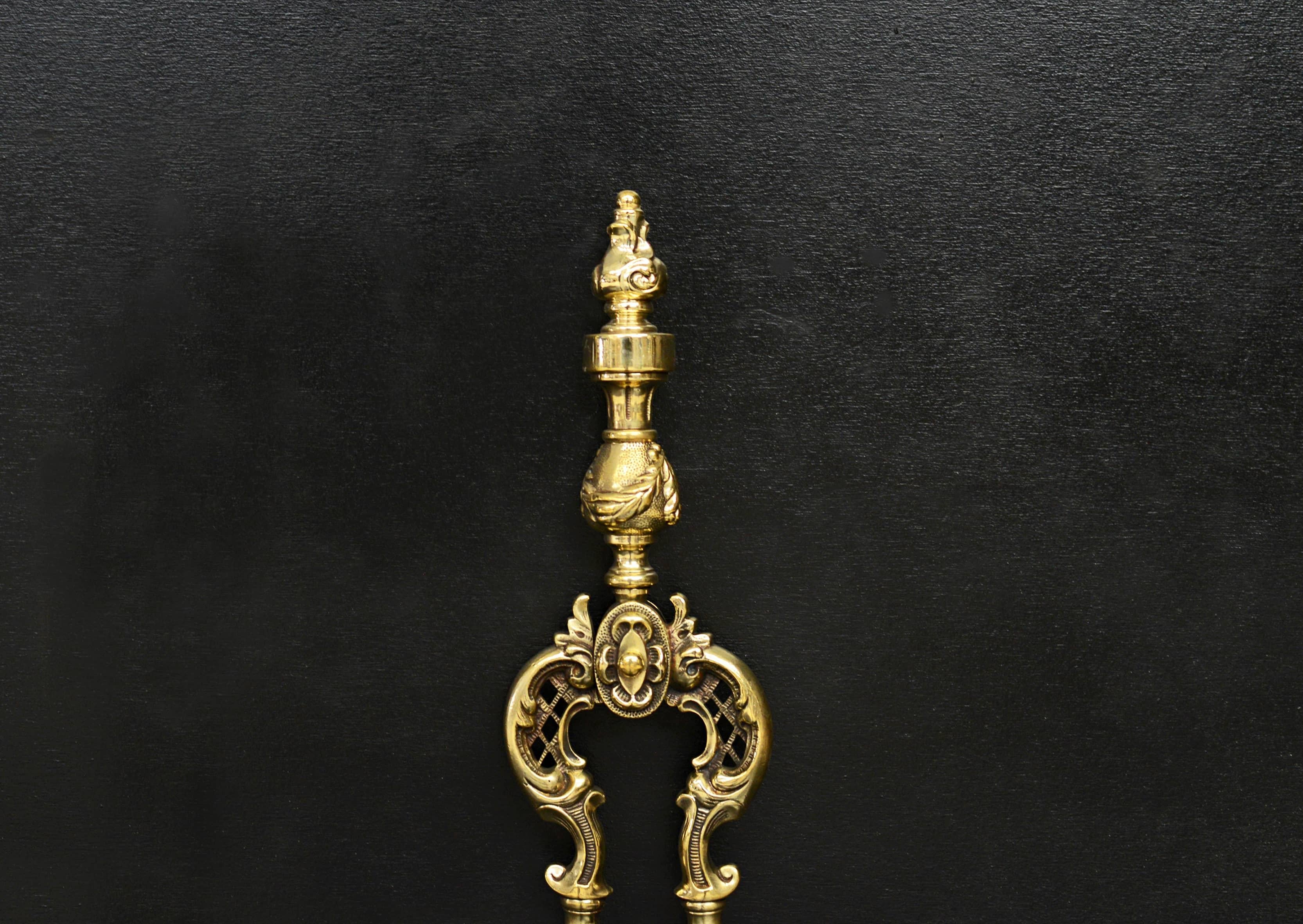 English Set of Decorative Polished Brass Victorian Firetools For Sale