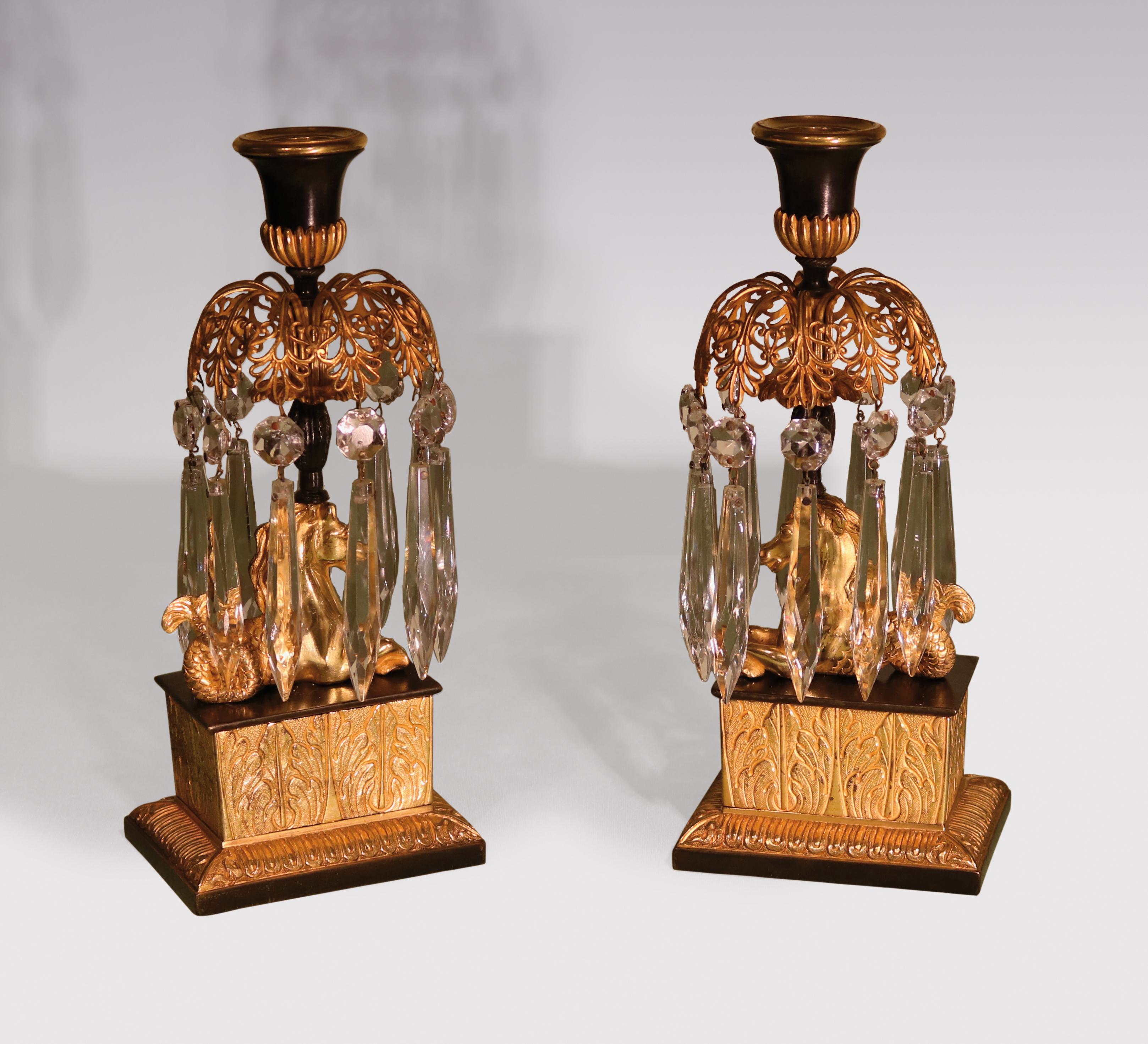 Regency Set of Early 19th Century Bronze and Ormolu Lustre Candlesticks For Sale