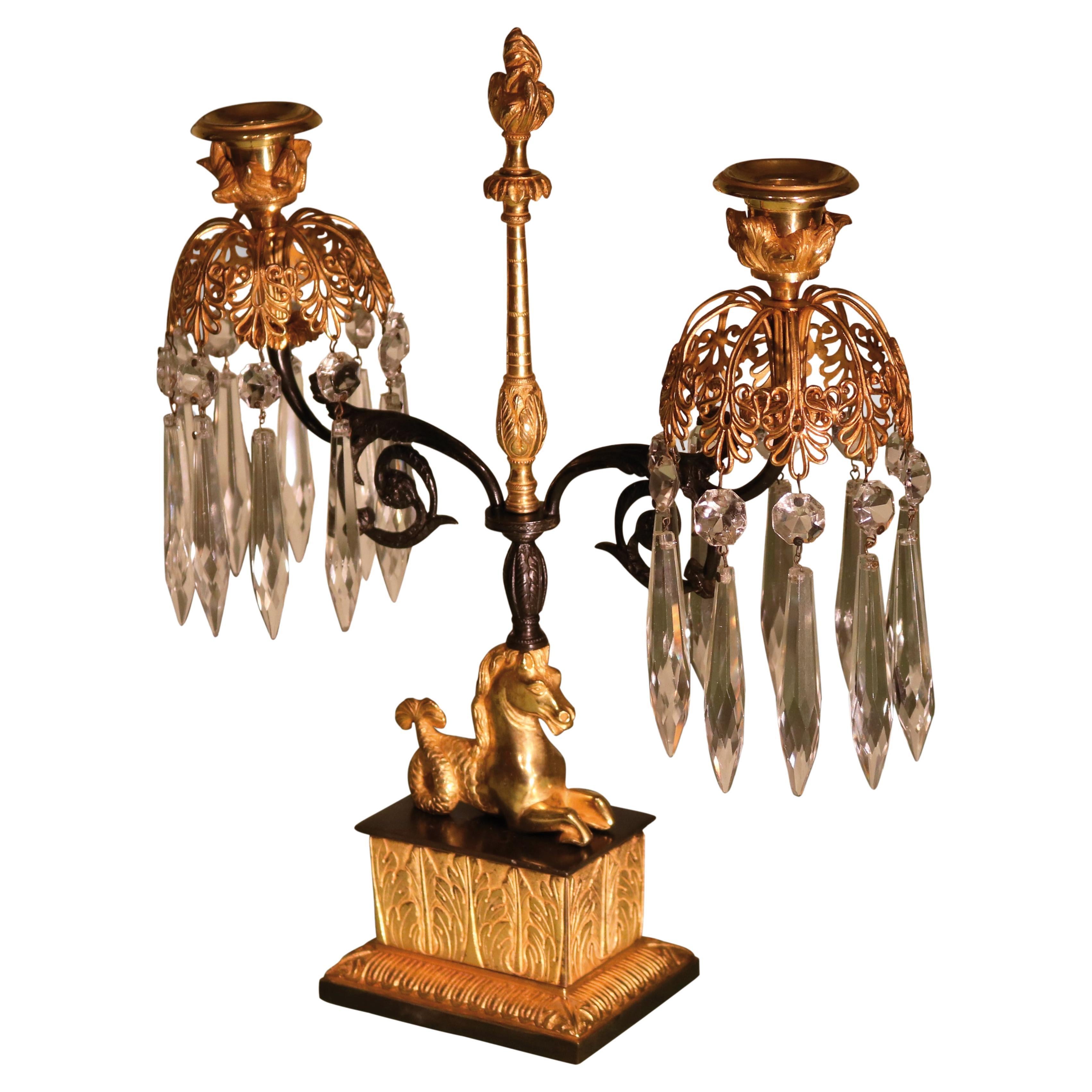 Set of Early 19th Century Bronze and Ormolu Lustre Candlesticks For Sale