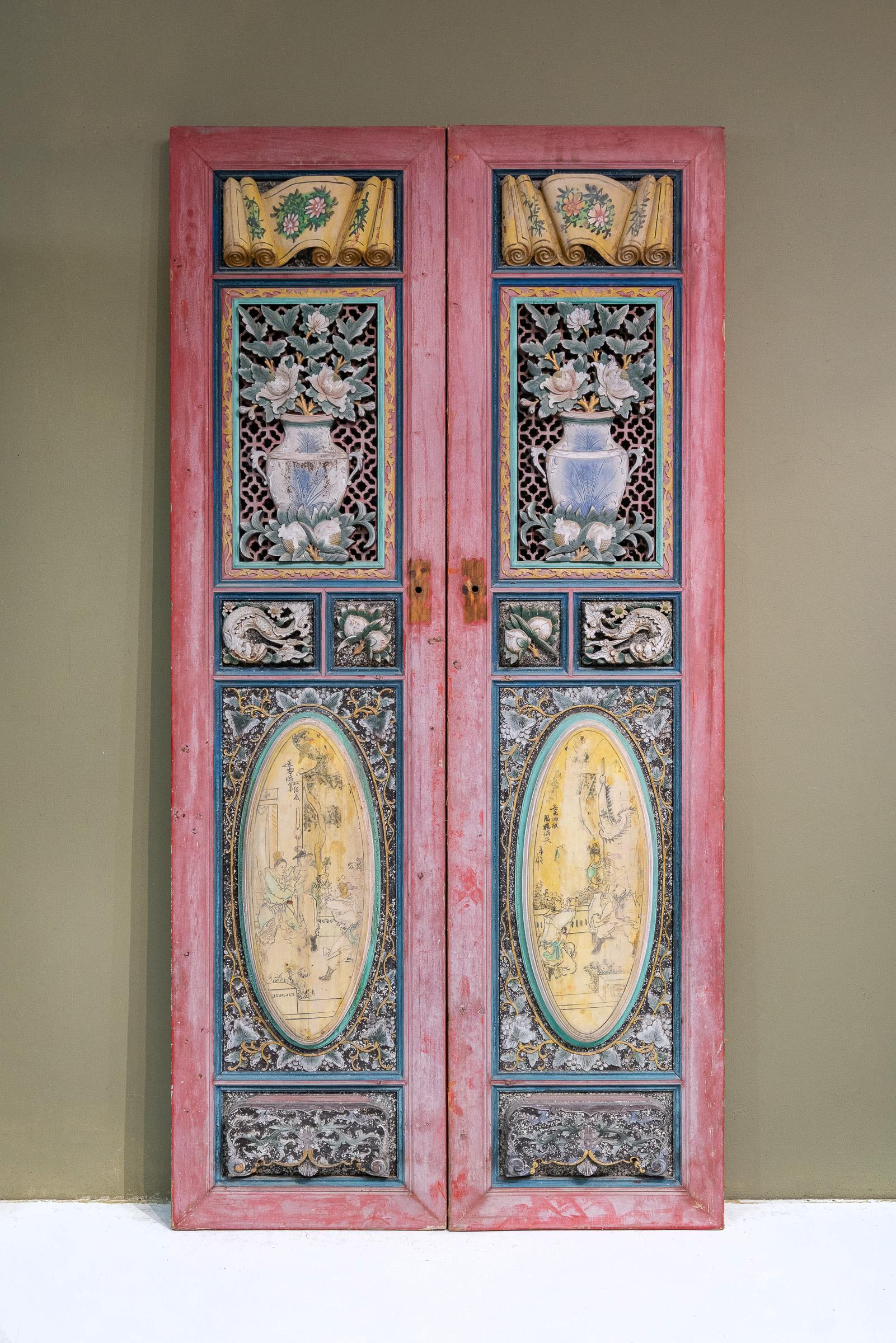 A set of 6 colourful door panels from Chaozhou province, China. These doors are in very good condition and so we were able to leave them untouched. The original colours were quite vibrant, which was common for Chaozhou doors during that time, but