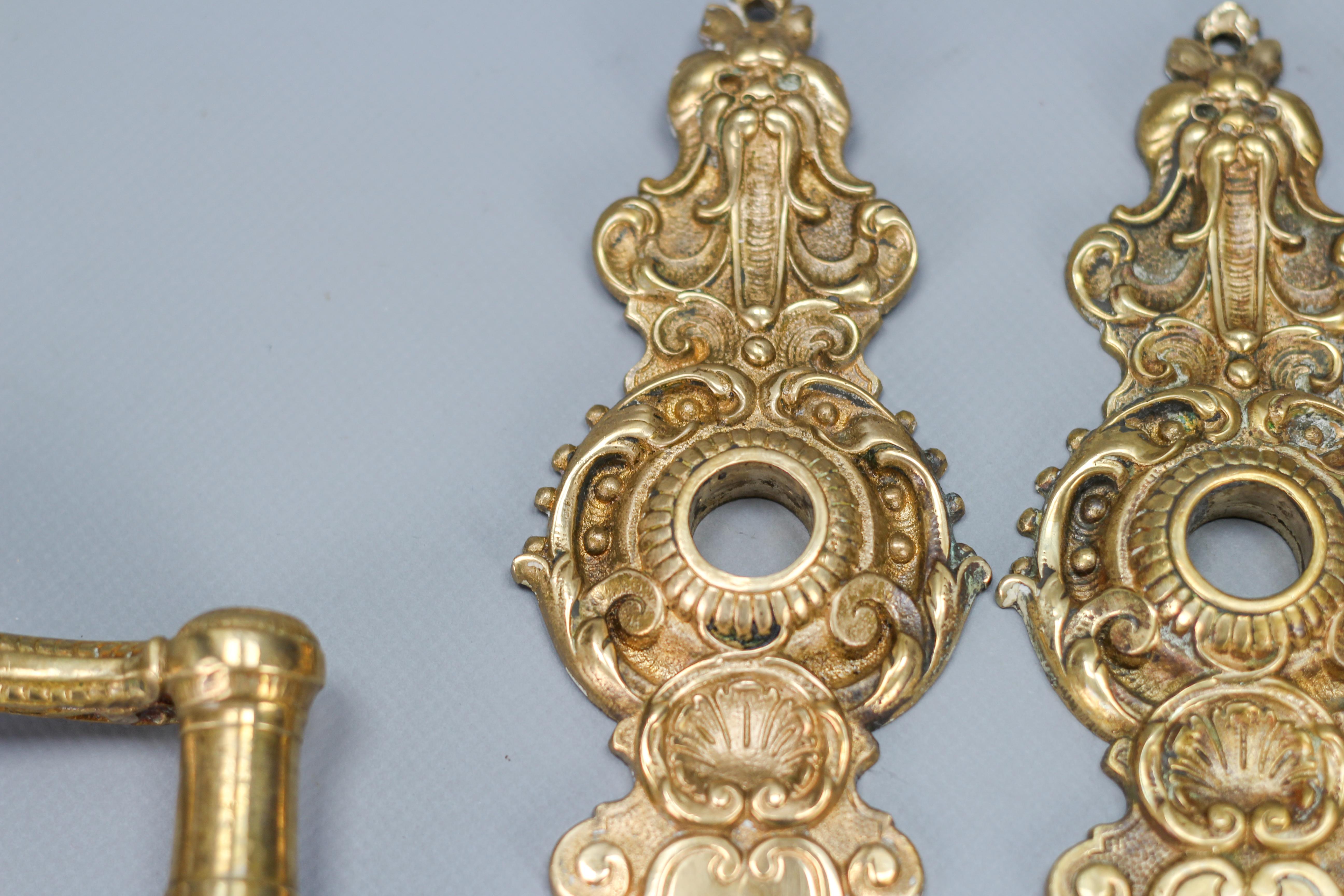Metal Set of Early 20th Century French Louis XV Style Brass Door Plates and Handles
