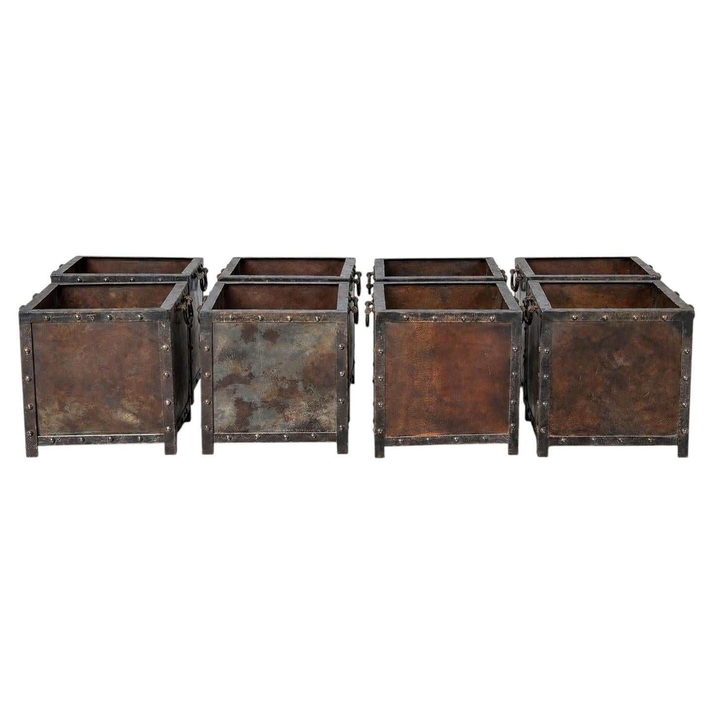 A Set of Eight 20th Century Antique Industrial Riveted Steel Bins from France