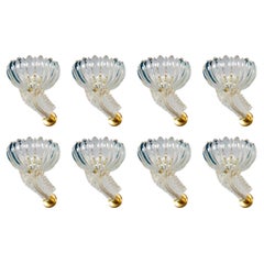 Set of Eight Barovier Art Deco Brass Mounted Murano Glass Sconces 1940'