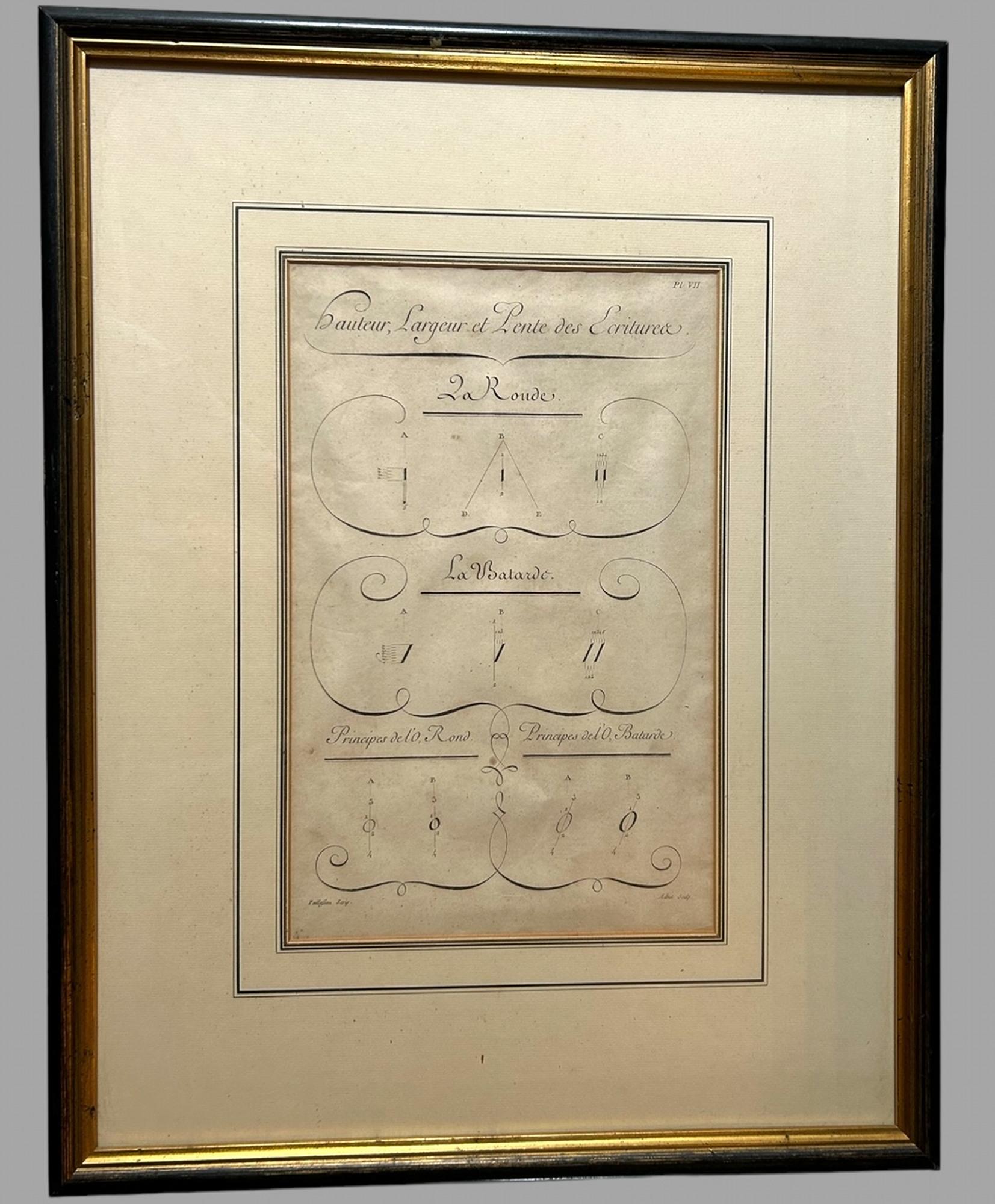 Merveilleux ensemble de huit planches de L'Art d'Ecrire de Charles Paillasson, toutes encadrées individuellement vers 1763 avec le graveur français Aubin.

Le célèbre manuel d'écriture de Charles Paillasson, L'Art d'écrire, a été publié en 1763 dans