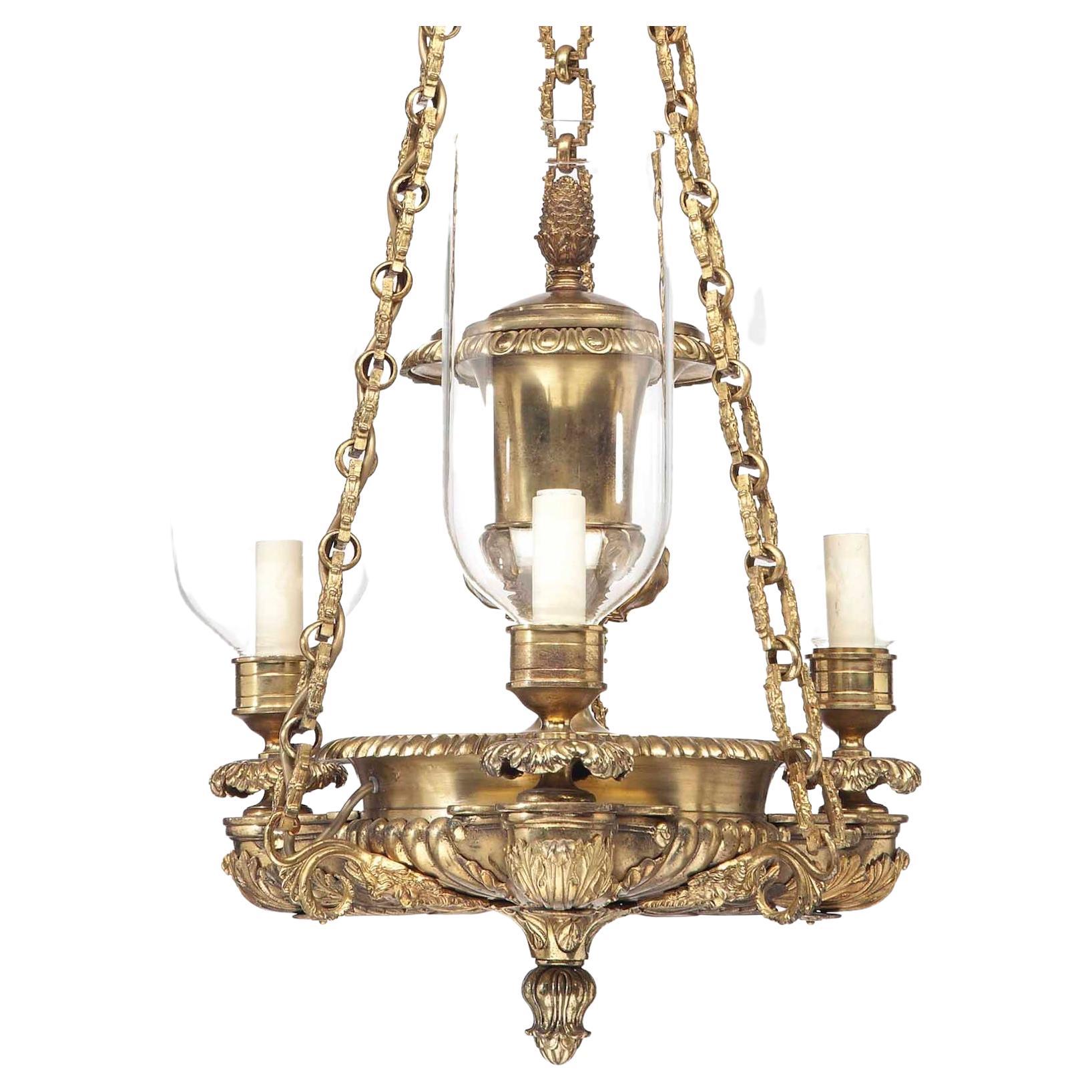 Set of Eight English Gilt-Metal Three-Light Chandeliers In Good Condition For Sale In SAINT-JEAN-CAP-FERRAT, FR