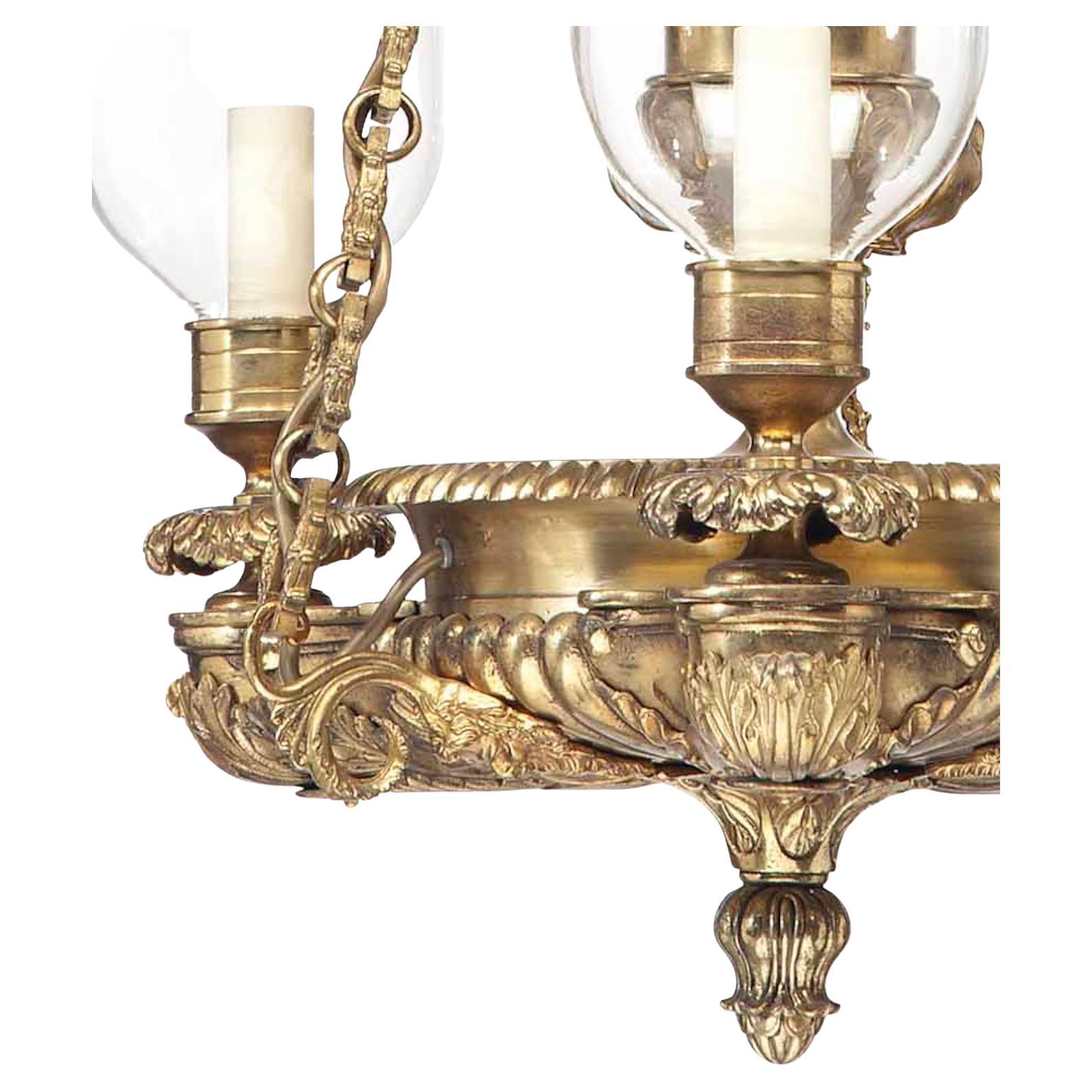 20th Century Set of Eight English Gilt-Metal Three-Light Chandeliers For Sale