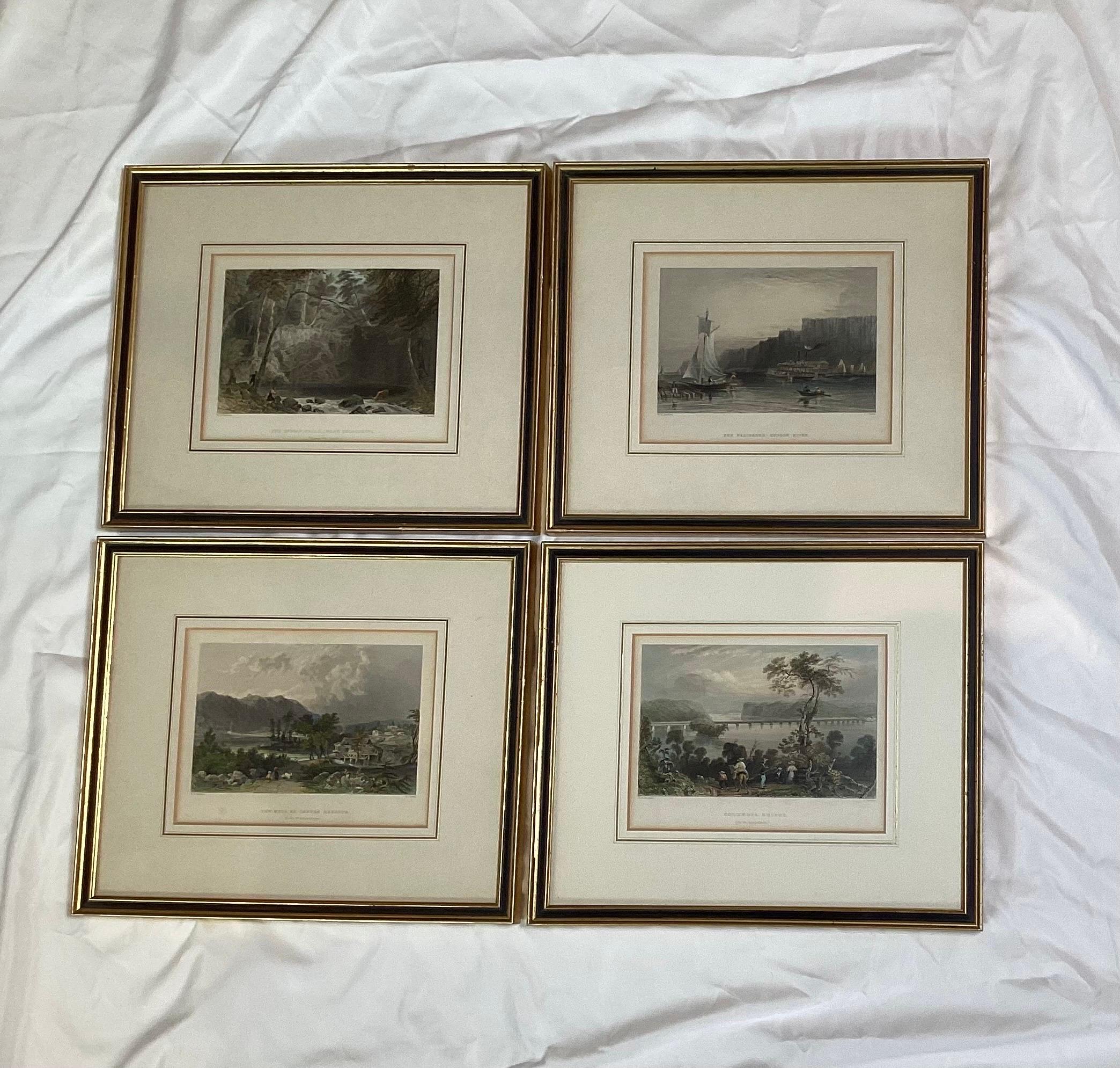 Elegant set of 8 hand colored steel plate printed lithographs by printer H. W. Bartlett London. Circa 1840. The set showing peaceful and beautiful scenes of America in gilt and ebonized frames with hand gilt bordered matts.