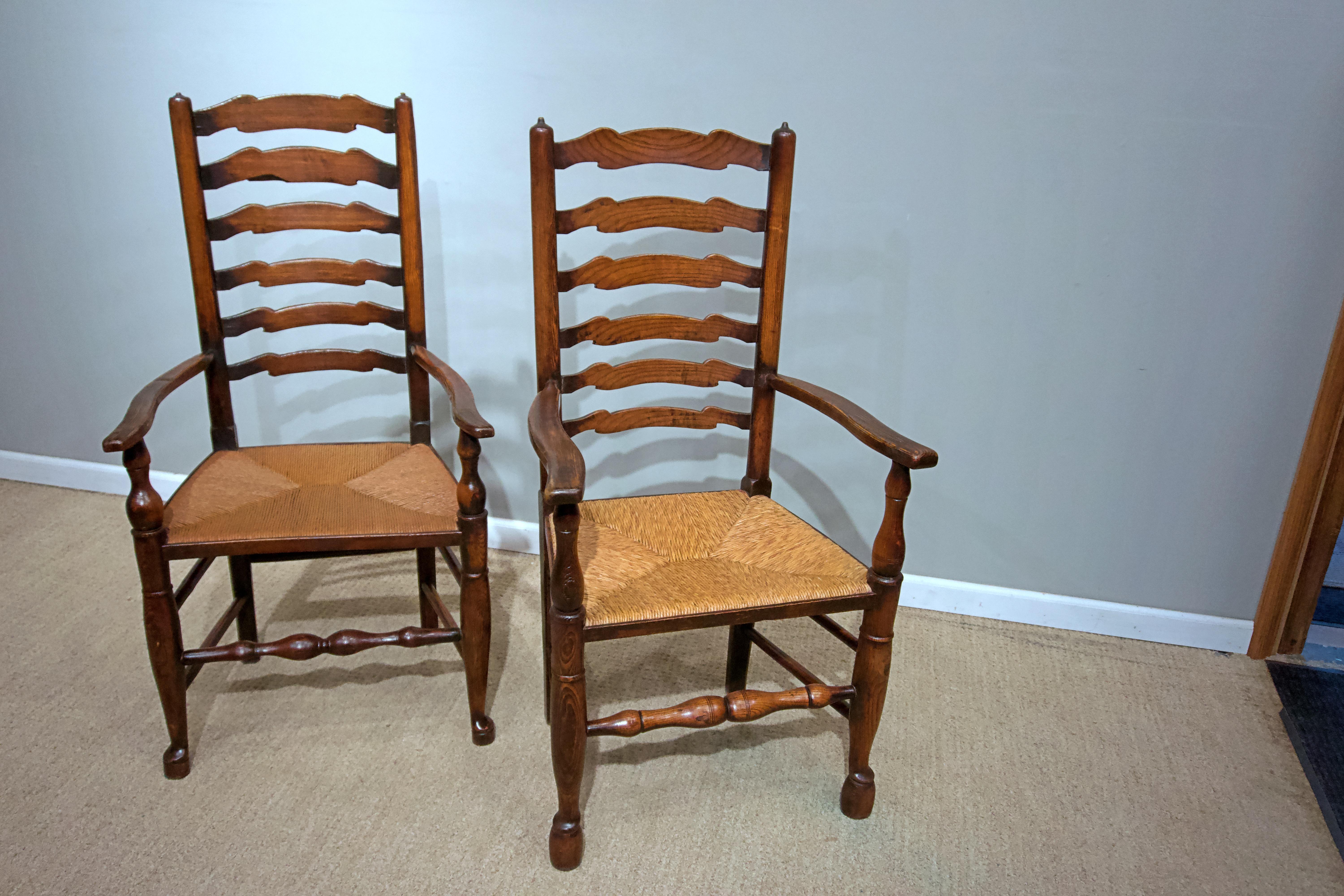 Georgian Set of Eight English Oak Ladder Back Chairs with Rush Seats