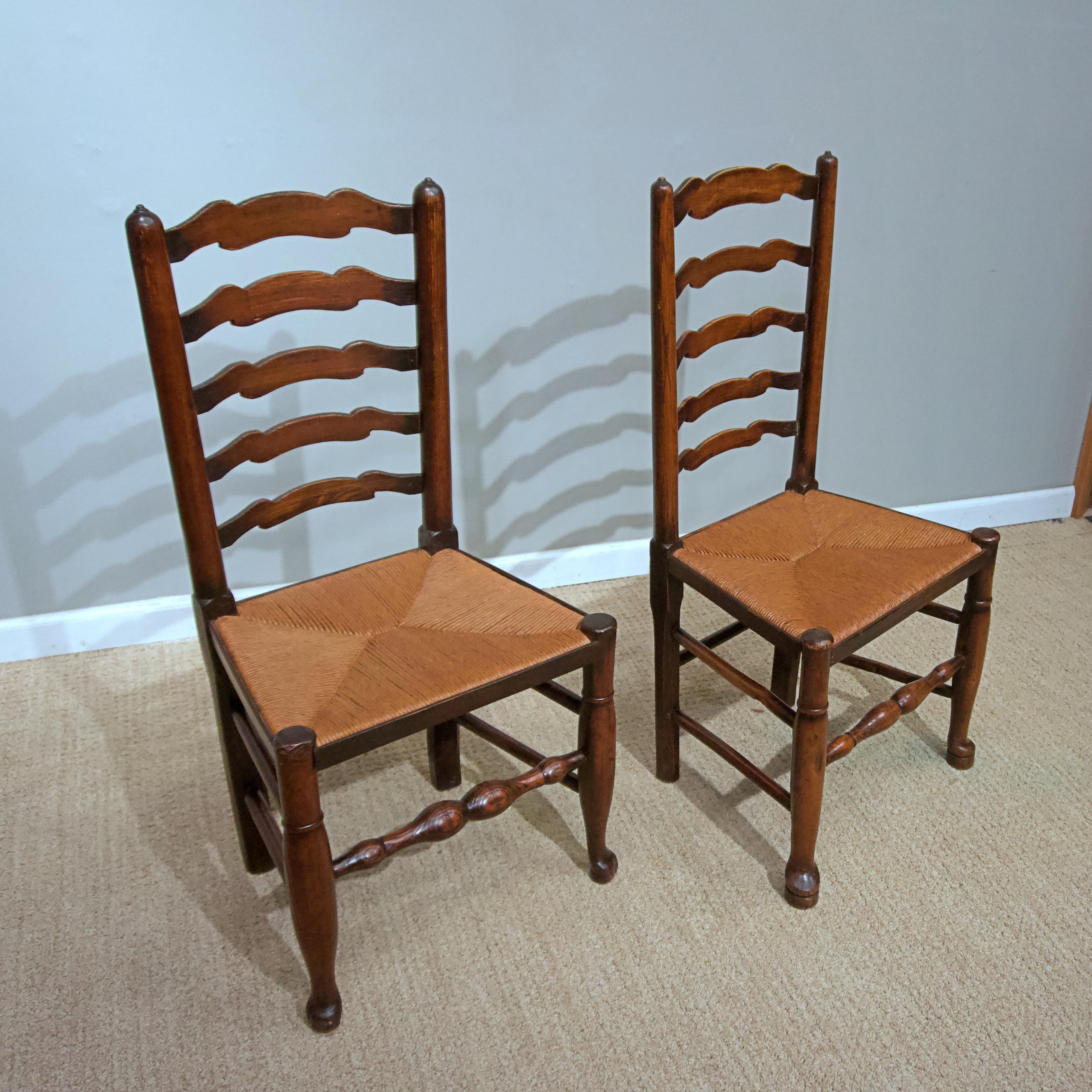 Mid-20th Century Set of Eight English Oak Ladder Back Chairs with Rush Seats