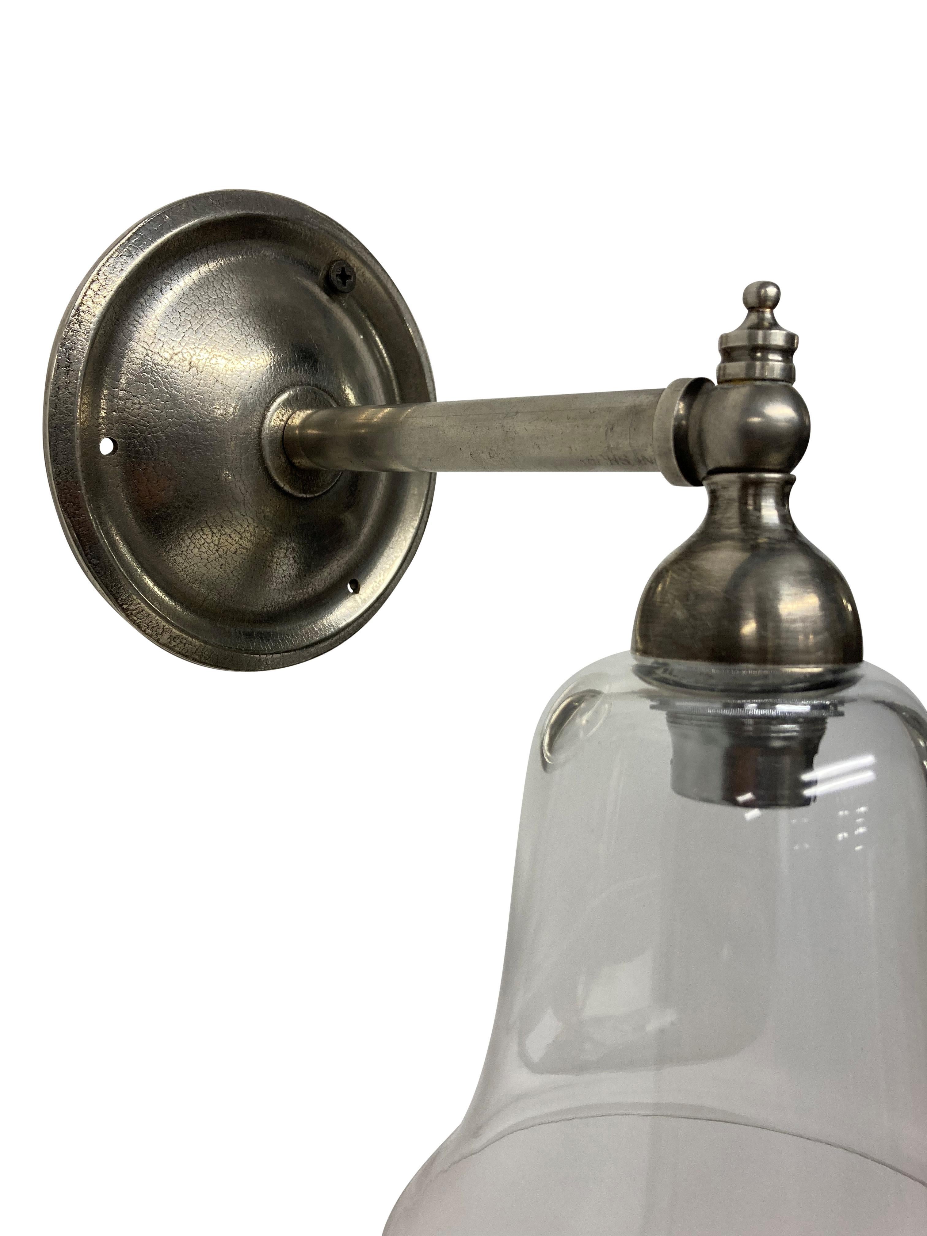 Silvered Set of Eight English Single Arm Sconces with Bell Shaped Glass Shades For Sale